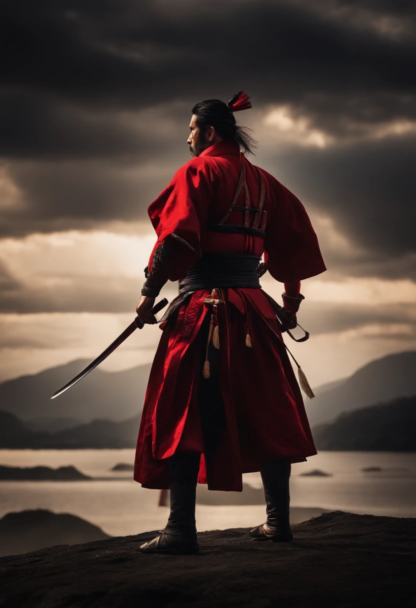 Samurai in dunkler Kleidung, Flug-Komponenten, with a shining red sword, nebeneinander, Hintergrund dunkel, Realistisch, Ich