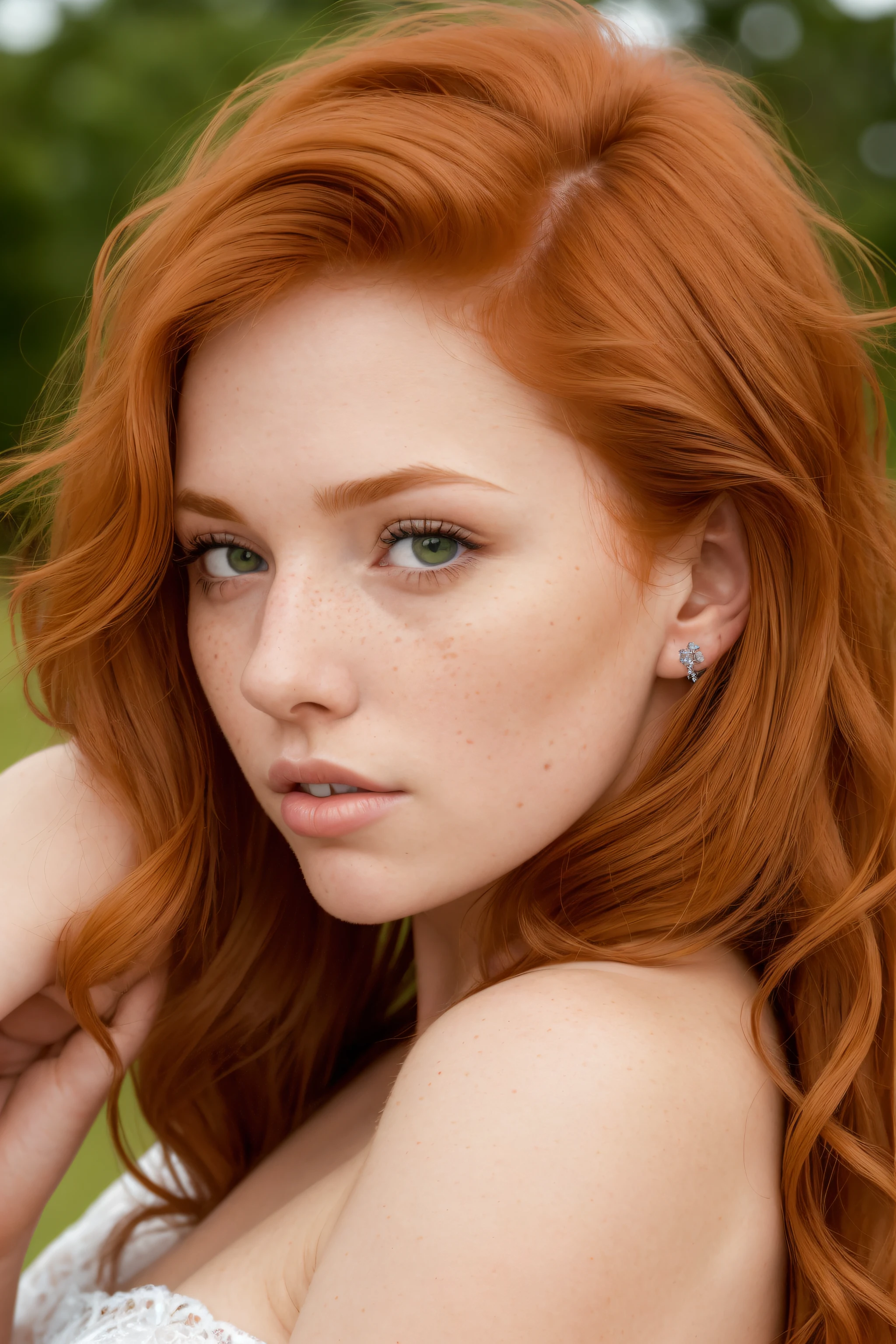 (close-up editorial photo of 20 yo woman, ginger hair, slim American sweetheart), (freckles:0.8), (lips parted), realistic green eyes, POV, realistic, film grain, 25mm, f/1.2, dof, bokeh, beautiful symmetrical face, perfect sparkling eyes, well defined pupils, high contrast eyes, ultra detailed skin, skin pores, vellus hair, fabric stitching, fabric texture, wood grain, stone texture, finely detailed features