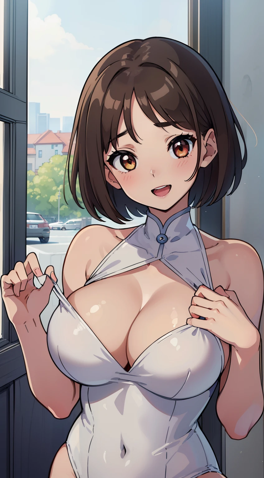 (a closeup、16 K、top-quality、high detailing、rich skin detail、nffsw)、Watch everywhere、obedience、a matural female、:D、very Bigger breasts、Parted bangs、white  leotard、A MILF、brown haired、short-hair、Forehead、blushed、big butts、Hands behind the head