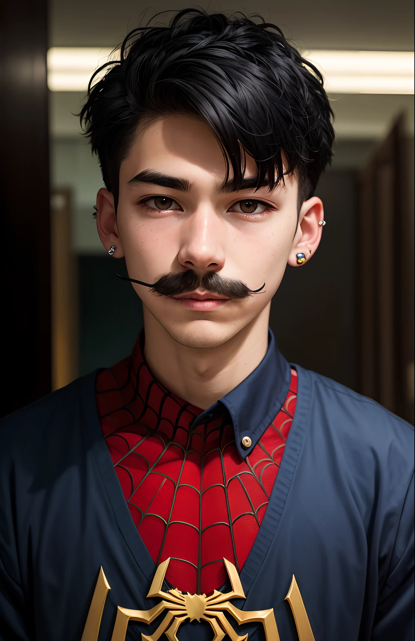 Blue and black haired boy , 16 years old , piercings , eye bags , pedo stache, spiderman panel