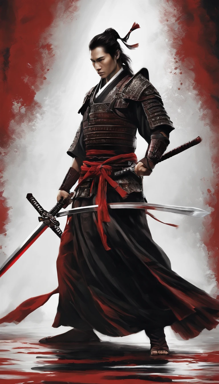 Samurai in dunkler Kleidung, Flug-Komponenten, with a shining red sword, nebeneinander, Hintergrund dunkel, Realistisch, Ich. Nur die Umrisse. All black and white except the red of the sword. Sword is said to appear soaked in blood. Im Design eines Markenlogos. Schlicht