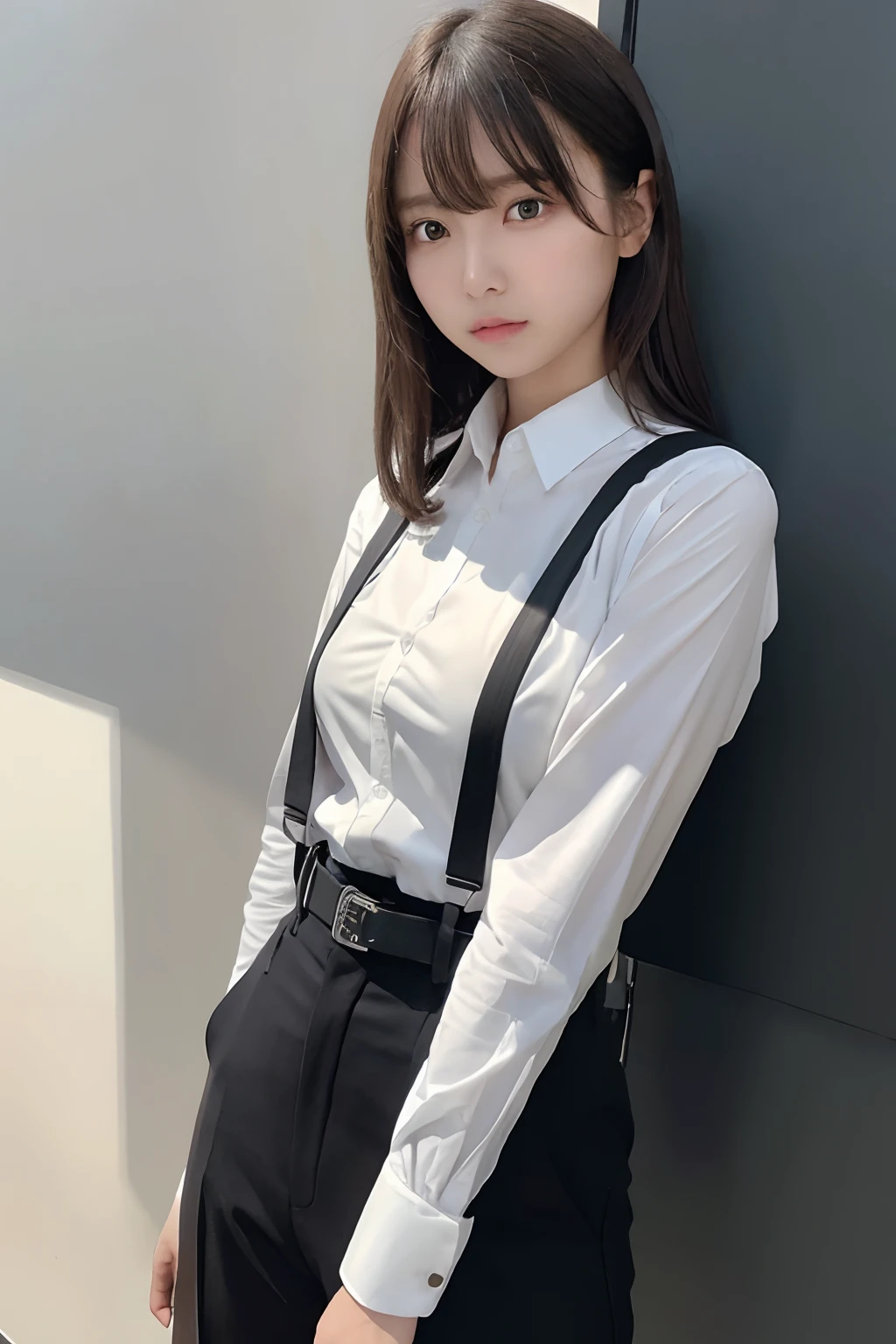 masterpiece、flat-colors、depth of fields、lens flare 1 girl、、Brown hair、watching at viewers a belt black suspenders Social OL huge-breasted Armpit sweat perspiring Side of both hands walls: Black Suit Black pants, Black jacket holster arm Leg holster arm Knife Carrying arma Gaze No tie tiarra No bangs Small face