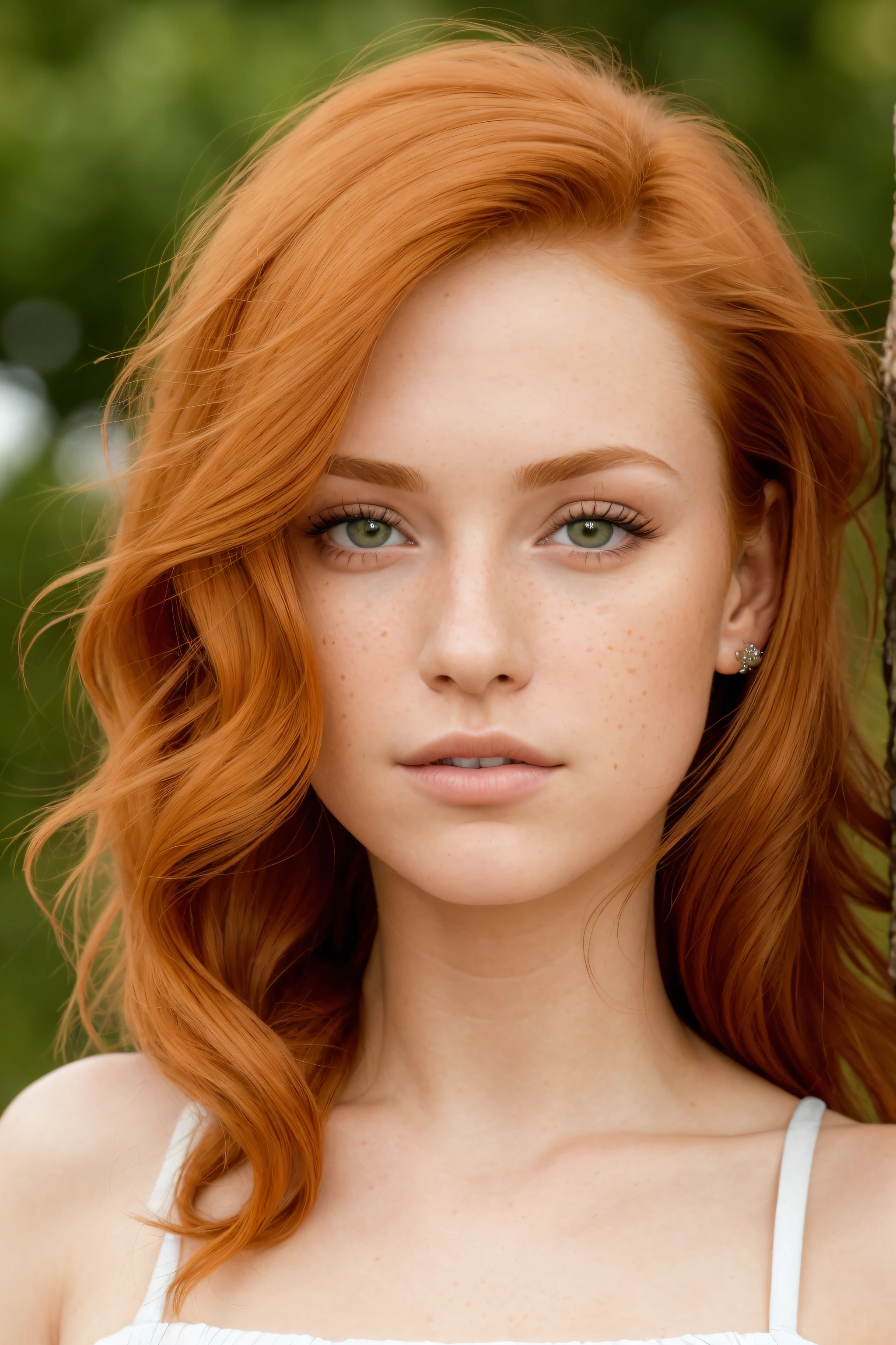 (close-up editorial photo of 20 yo woman, ginger hair, slim American sweetheart), (freckles:0.8), (lips parted), realistic green eyes, POV, realistic, film grain, 25mm, f/1.2, dof, bokeh, beautiful symmetrical face, perfect sparkling eyes, well defined pupils, high contrast eyes, ultra detailed skin, skin pores, vellus hair, fabric stitching, fabric texture, wood grain, stone texture, finely detailed features