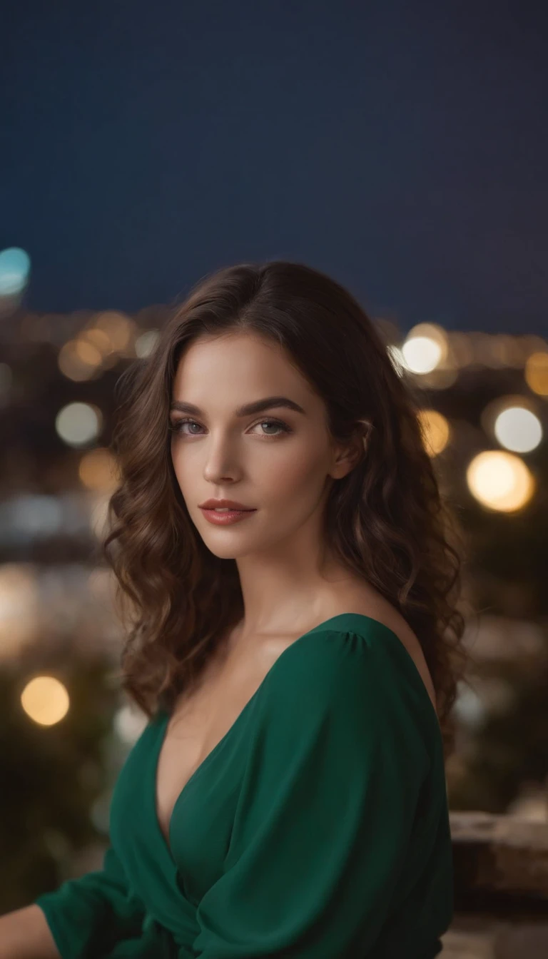 Menina europeia, 20 anos, olhos verdes, cabelos loiros escuros ondulados, face redonda, Sorridente, boca aberta, baixa estatura, Voluptuoso e sexy, Camisa branca vestida meio aberta, Saia xadrez curta com cores vermelha e preta, seios medio, Fotorealista, Concentrado, max quality, artistic work, City background at night with neon lights