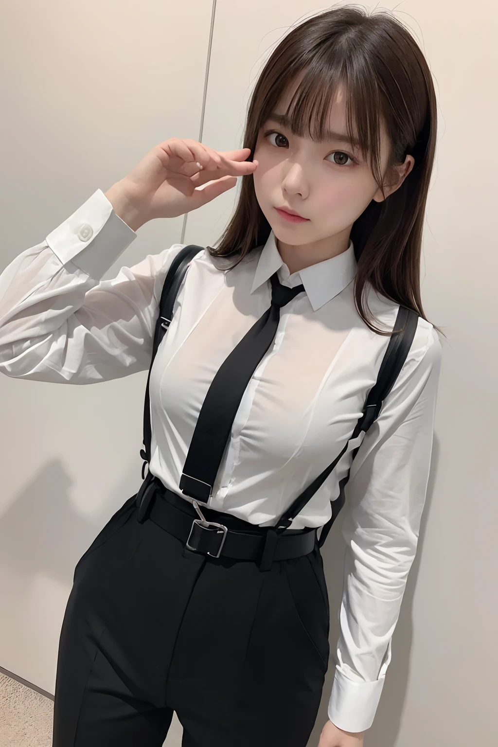 masterpiece、flat-colors、depth of fields、lens flare 1 girl、、Brown hair、watching at viewers a belt black suspenders Social OL huge-breasted Armpit sweat perspiring Side of both hands walls: Black Suit Black pants, Black jacket holster arm Leg holster arm Knife Carrying arma Gaze No tie tiarra No bangs Small face