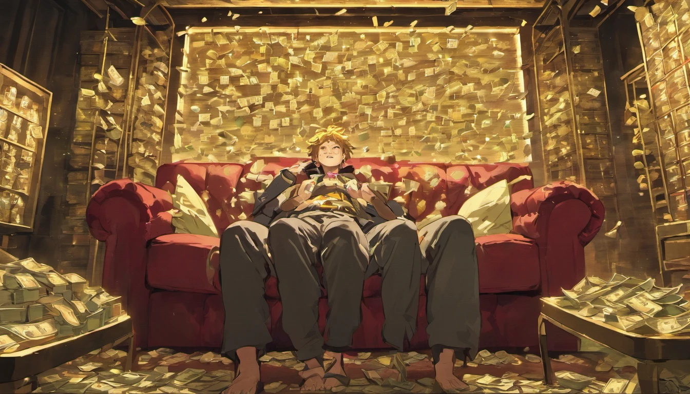 a teenager shitting on a couch in front of a giant tv screen and counting money on his hands and wearing a robe and a cigarette on his mouth