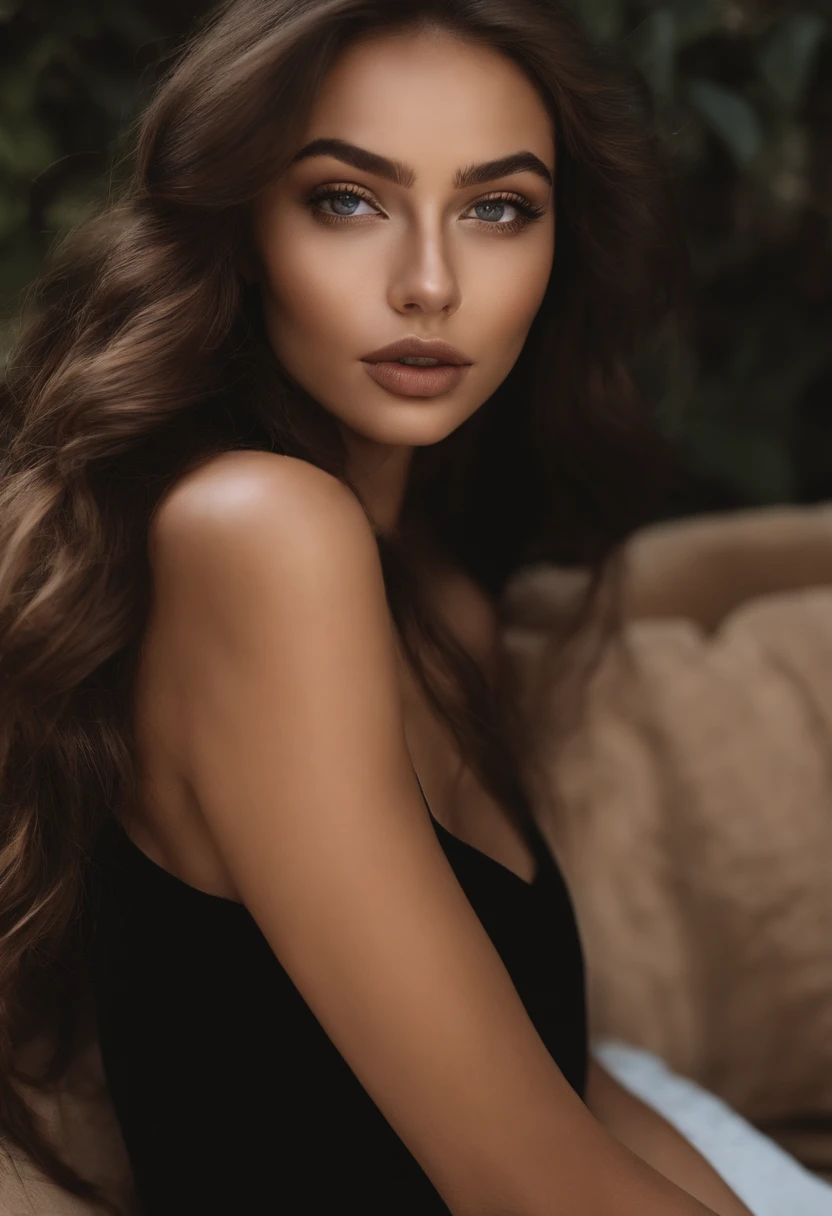 Arafed woman with black clothes, fille sexy aux yeux bruns, Portrait Sophie Mudd, cheveux bruns et grands yeux, selfie of a young woman, Yeux de chambre, Violet Myers, sans maquillage, maquillage naturel, looking straight at camera, Visage avec Artgram, Maquillage subtil, Superbe photo du corps entier, dans la chambre, clivage