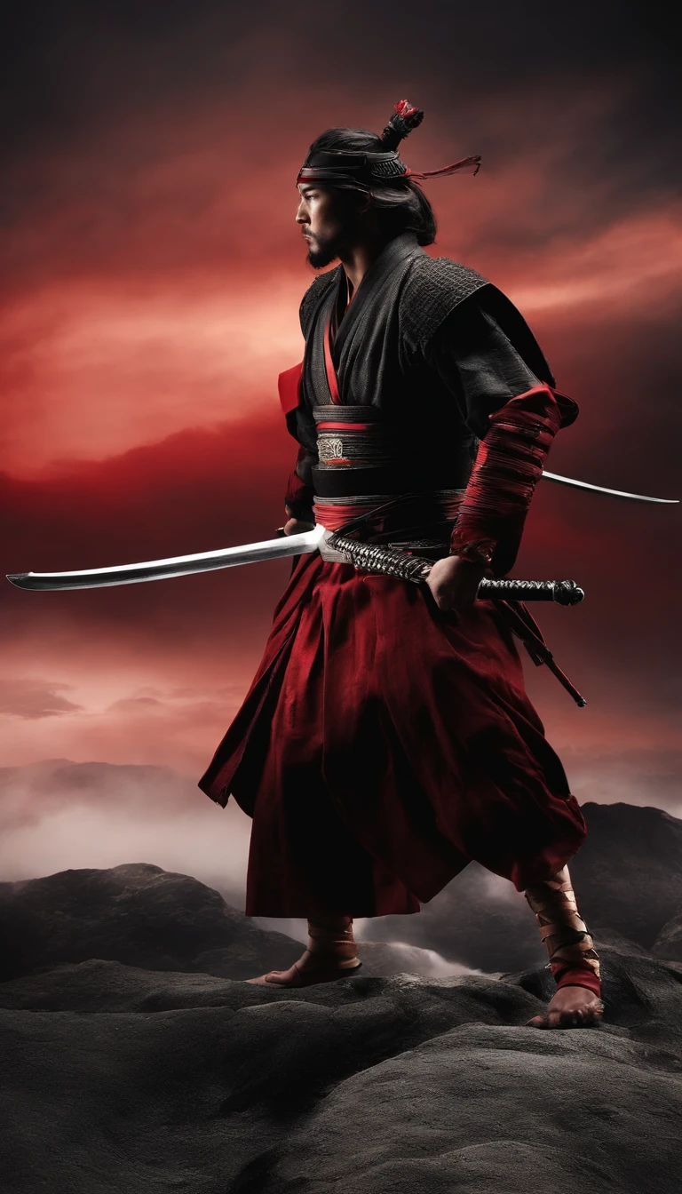 Nur Umrisse: Samurai in dunkler Kleidung, Flug-Komponenten, mit einem leuchtend roten Schwert, Nebeneinander, Hintergrund dunkel, Realistisch, Ich. Nur die Umrisse. All black and white except for the red of the sword. The sword is said to appear blood-soaked. Im Design eines Markenlogos. schlicht