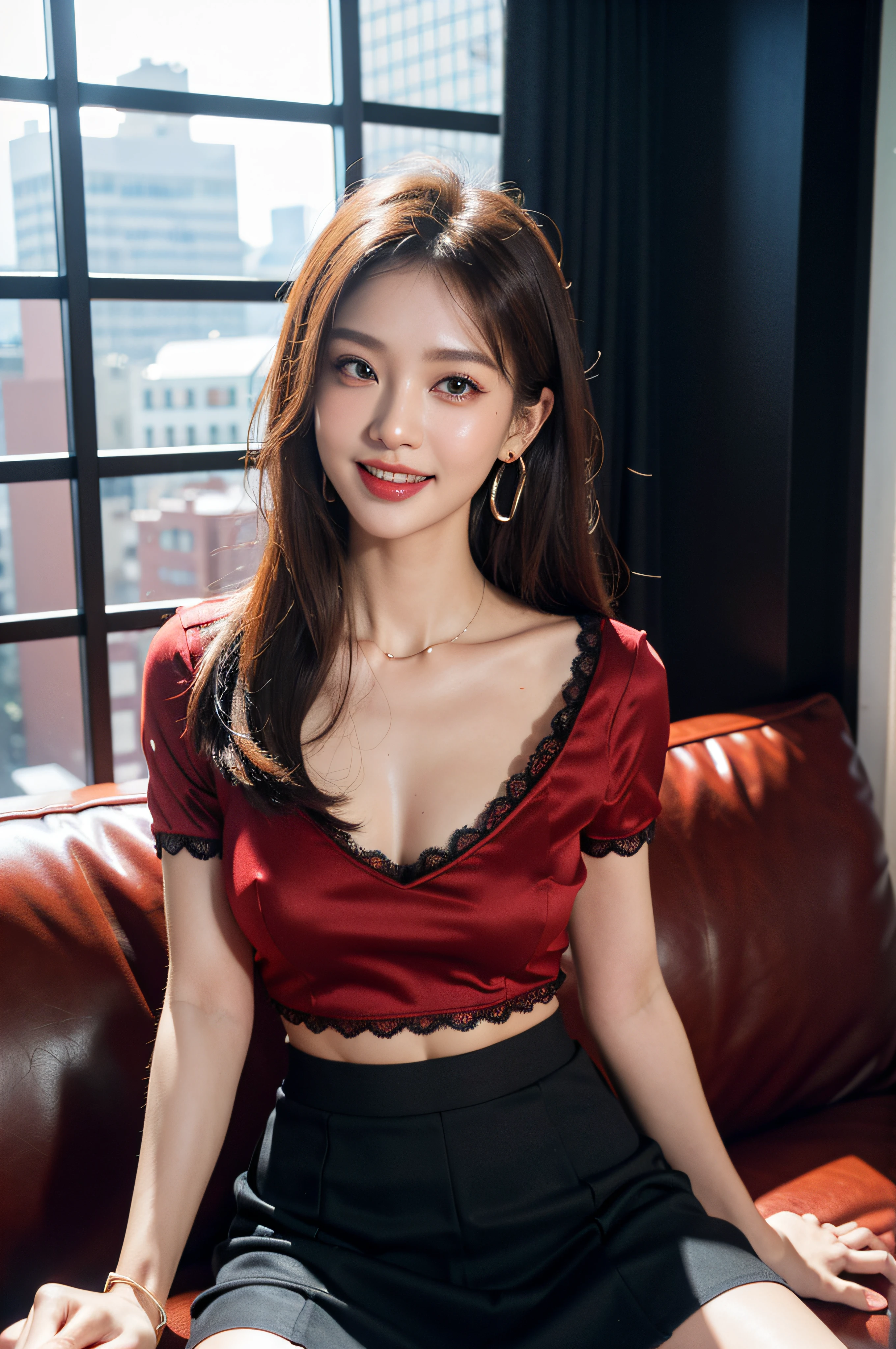 8K, masutepiece, Raw photo, Best Quality, Photorealistic, Highly detailed CG Unity 8K wallpaper, depth of fields, Cinematic Light, Lens Flare, Ray tracing, (Extremely beautiful face, Beautiful lips, Beautiful eyes), intricate detail face, ((Ultra detailed skin)) 1girl in, In the Dark, deepshadow, cute asian girl, Idol, 1 girl, (Very slim and slender fit muscular body:1.3), ((Looking at Viewer)),(Big smile:1.3), (Tight lace blouse), ((Black Red Color Blouse)), (Short sleeves with lace) , (City Night, a dark night, (Blurred background), dim lights, Cityscape, teto, veranda, sofa, huge window, Beautiful earrings, Bracelets, Necklace, pantyhose, Clear eyes, (pale skin), (Big eyes), Face forward, ((upperbody shot)), ((Silk Red Color Skirt)),(Brown hairs),((Tight-fitting skirt )), (Looking at Viewer:1.3), opened breast, (Very slim), medium breasts, (Wobbly laced blouse),  Sitting, ((opened breast))