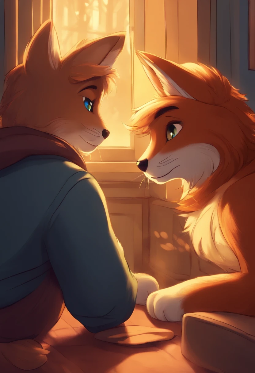 Two cute, gay, cartoony, male, furries, looking at eachother in a dimly lit room, some light shining through a window