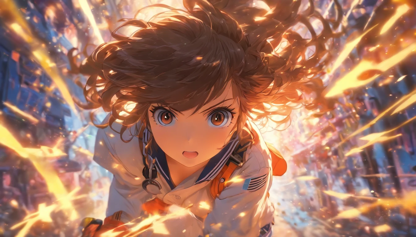 foreshortening, depth of fields, masutepiece, Best Quality, 1girl in, Brown hair, Black eyes, Middle Hair, Solid color background, Solo, Bust Up,a sailor suit, Carrying a chainsaw, Dappled sunlight,