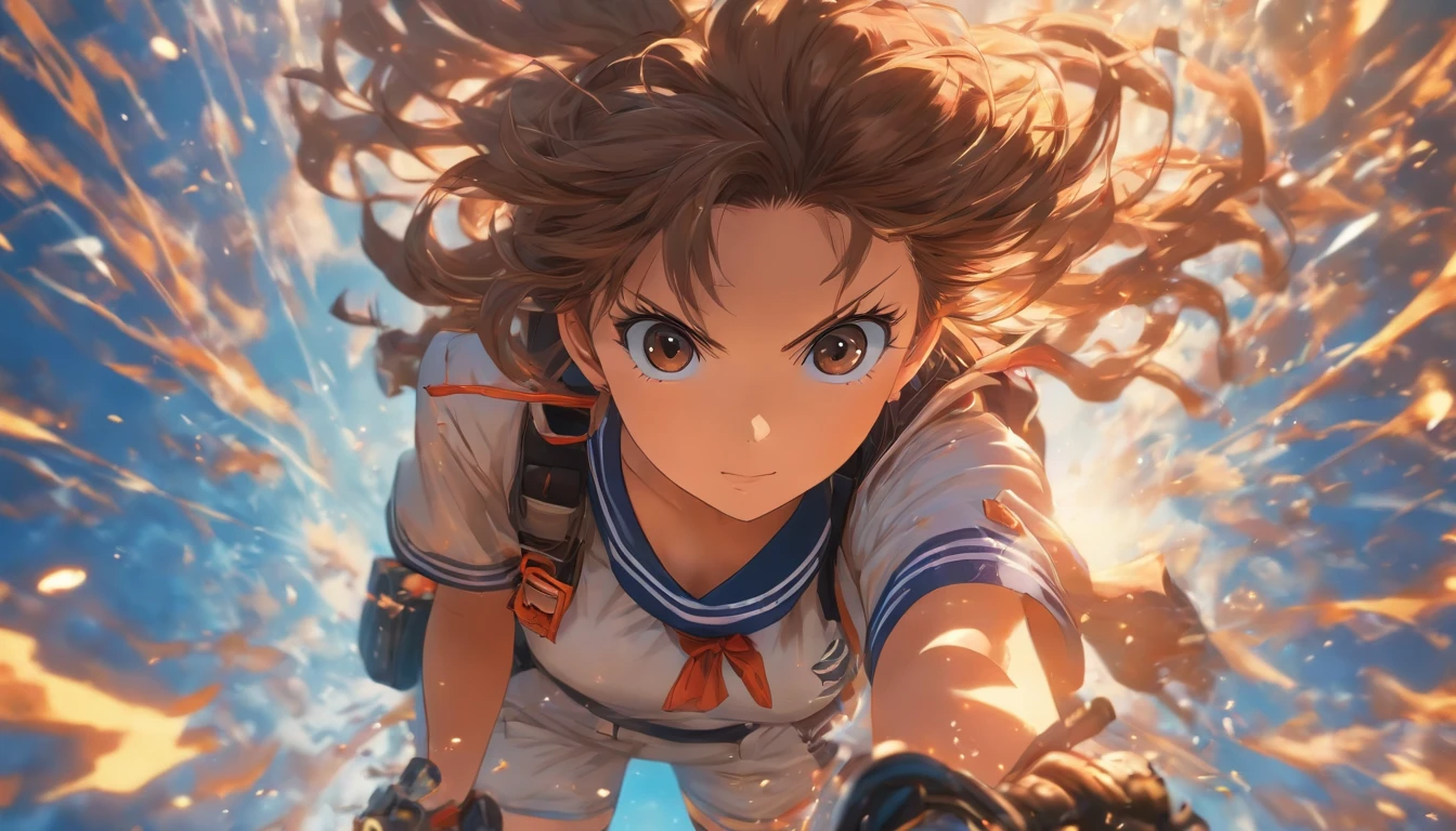 foreshortening, depth of fields, masutepiece, Best Quality, 1girl in, Brown hair, Black eyes, Middle Hair, Solid color background, Solo, Bust Up,a sailor suit, Carrying a chainsaw, Dappled sunlight,