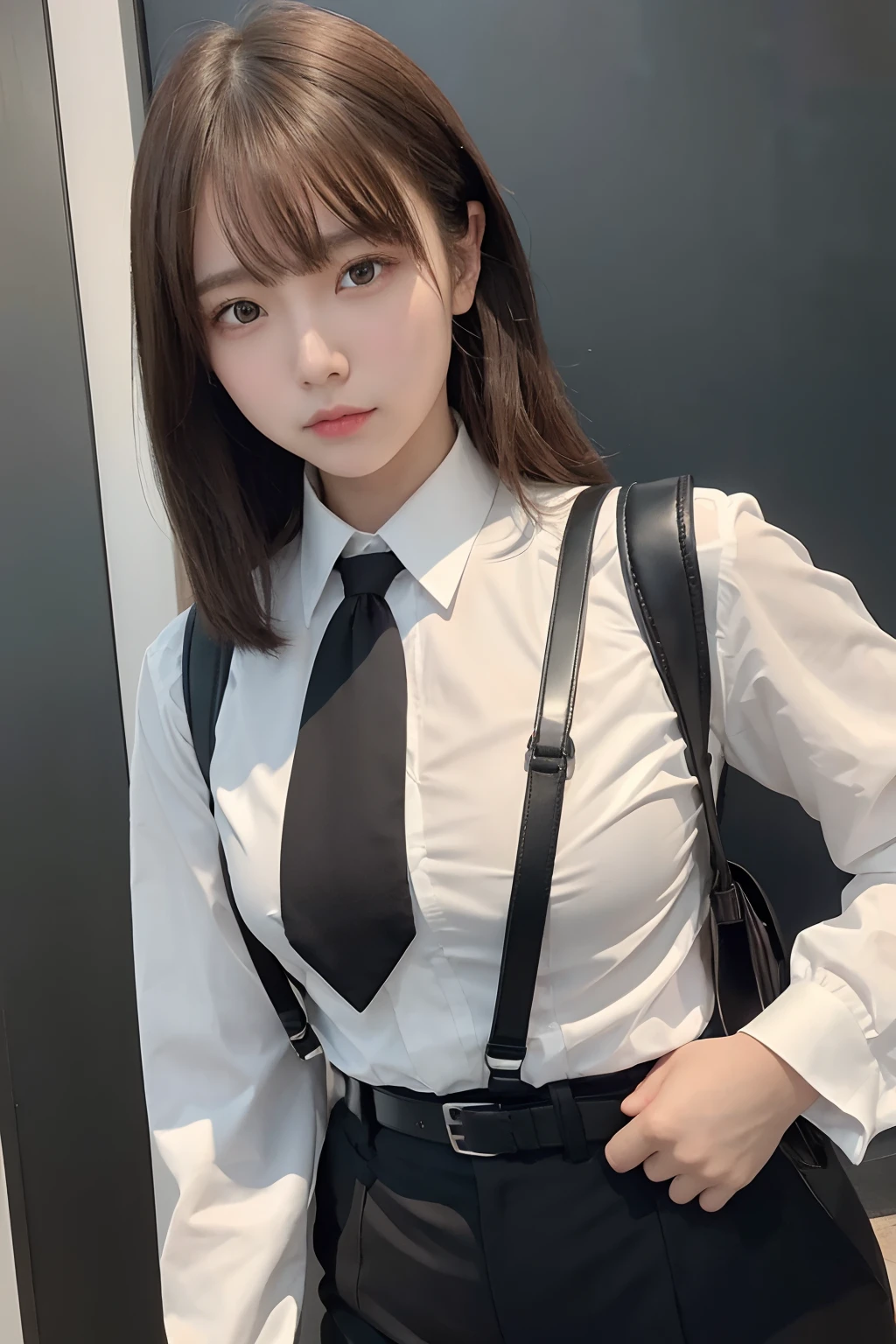 ​masterpiece、flat-colors、depth of fields、lens flare 1 girl、、Brown hair、watching at viewers　　　　a belt　black suspenders　Social OL　　　huge-breasted　　　 　 Armpit sweat　perspiring　Side of both hands　　walls: Black Suit　Black pants, Black jacket holster　arm　Leg holster　arm　Knife Carrying　arma　Gaze　　No tie　tiarra　No bangs　Small face
