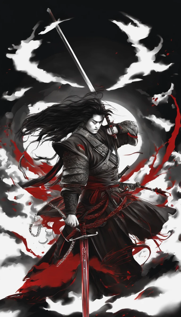 Nur Umrisse: Samurai in dunkler Kleidung, Flug-Komponenten, mit einem leuchtend roten Schwert, Nebeneinander, Hintergrund dunkel, Ich. Nur die Umrisse. All black and white except for the red of the sword. The sword is said to appear blood-soaked. Im Design eines Markenlogos. schlicht