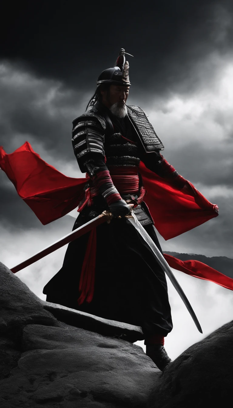 Nur Umrisse: Samurai in dunkler Kleidung, Verschleiert, Flug-Komponenten, mit einem leuchtend roten Schwert, Nebeneinander, Hintergrund dunkel, Ich. Nur die Umrisse. All black and white except for the red of the sword. The sword is said to appear blood-soaked. Im Design eines Markenlogos. schlicht