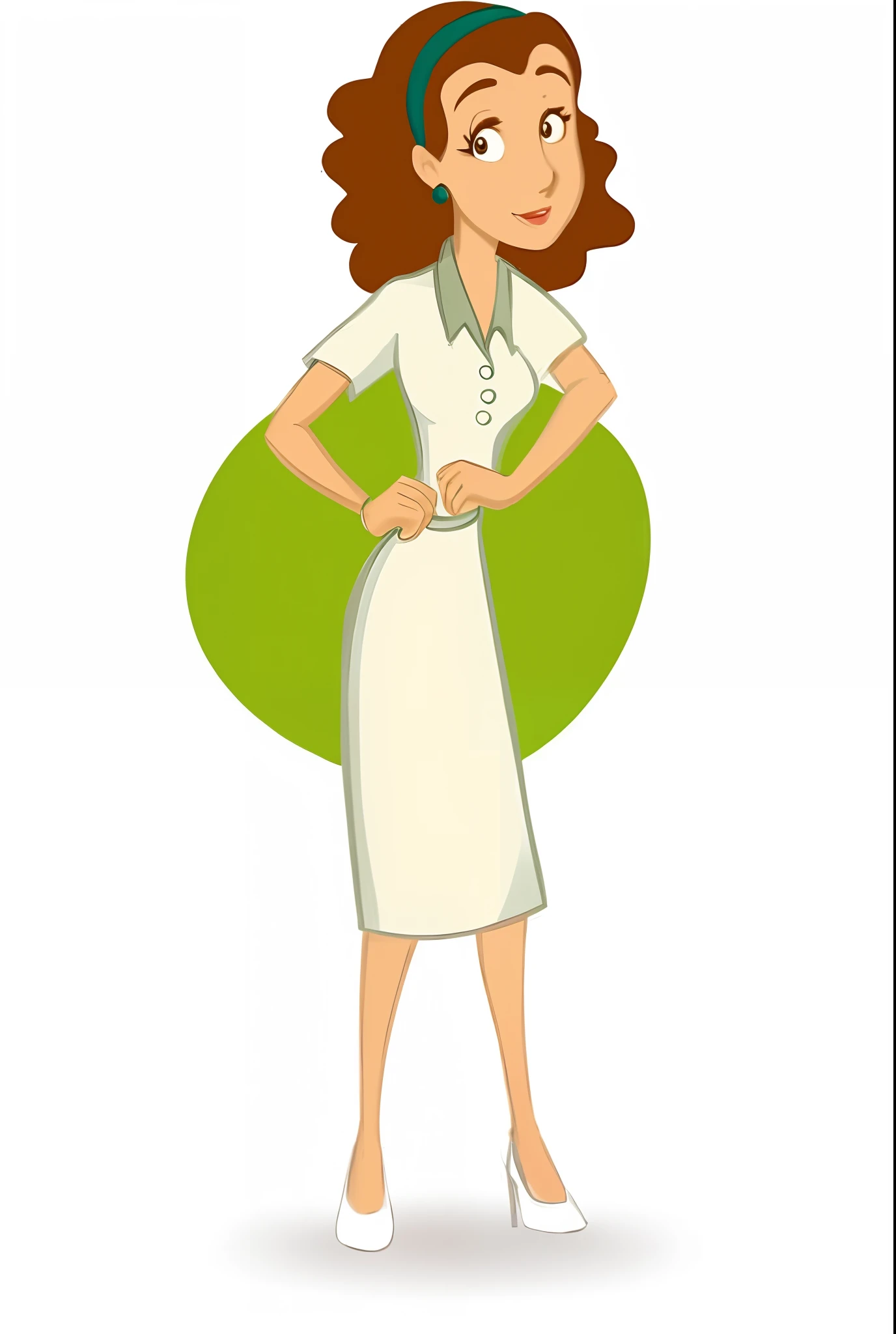 uma senhora  dos desenhos animados em um vestido branco e, female in office dress, character is in her natural pose, Pose frontal, Monte Peggy, professional vector graphic, Retrato do meio do corpo, imagem dos desenhos animados, Cartoon style illustration, avatar para o site, stylised illustration, retrato de corpo inteiro, protagonista feminina, full length illustration, Retrato de corpo inteiro, retrato de corpo inteiro , estilo disney pixar.