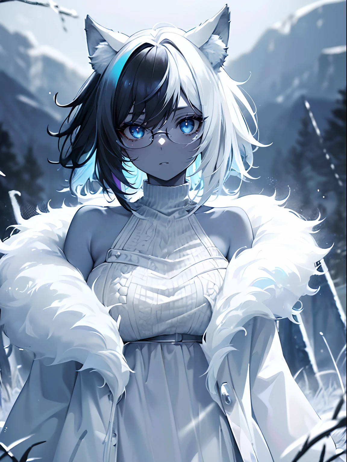 (masterpiece,best quality,ultra-detailed),1girl,black hair,short hair,messy hair,wolf ears,(((coloured skin,pale blue skin))), white fur coat,((grey theme)),((pastel colours theme)),in a meadow,night,cloudy,winter