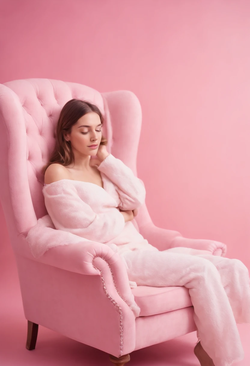 Girl sleeping in a big pink armchair, Pink fog all around, Cinematic, hyper-detalied, Present photo, saturated colors, Detailed texture