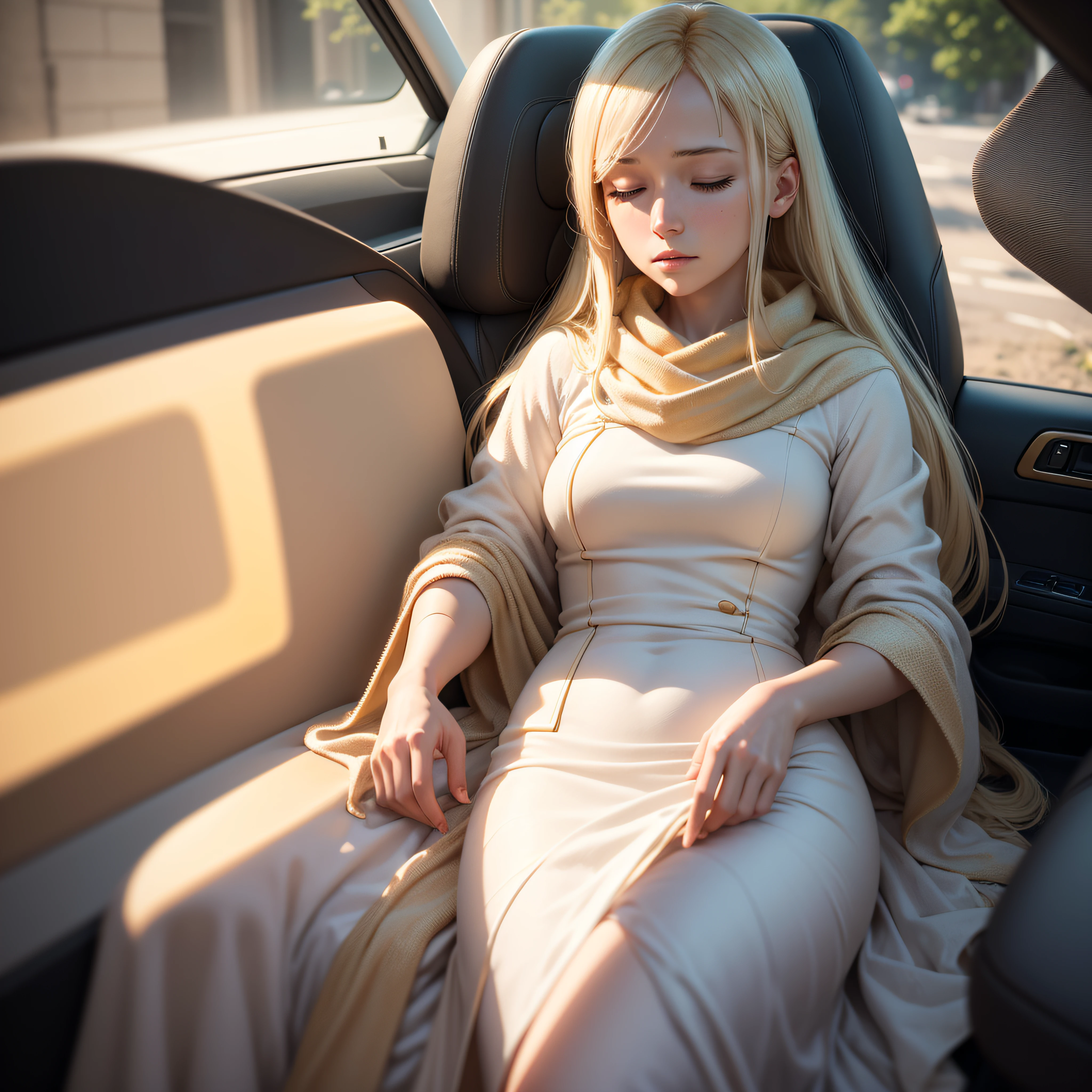 ((masutepiece)), ((Best Quality)), 8K, hard disk, Super Detail, (Woman), (White dress with yellow gold rimming), (Strewn with golden hair shawls), (Eyes with closed expression) (Sleeping in the car 1.6) (Full body display 1.4) The artwork is a masterpiece, With the highest quality and super detail, 8K capture on hard disk. photographrealistic, Realistic, Highly detailed illustration, Octane Rendering --auto