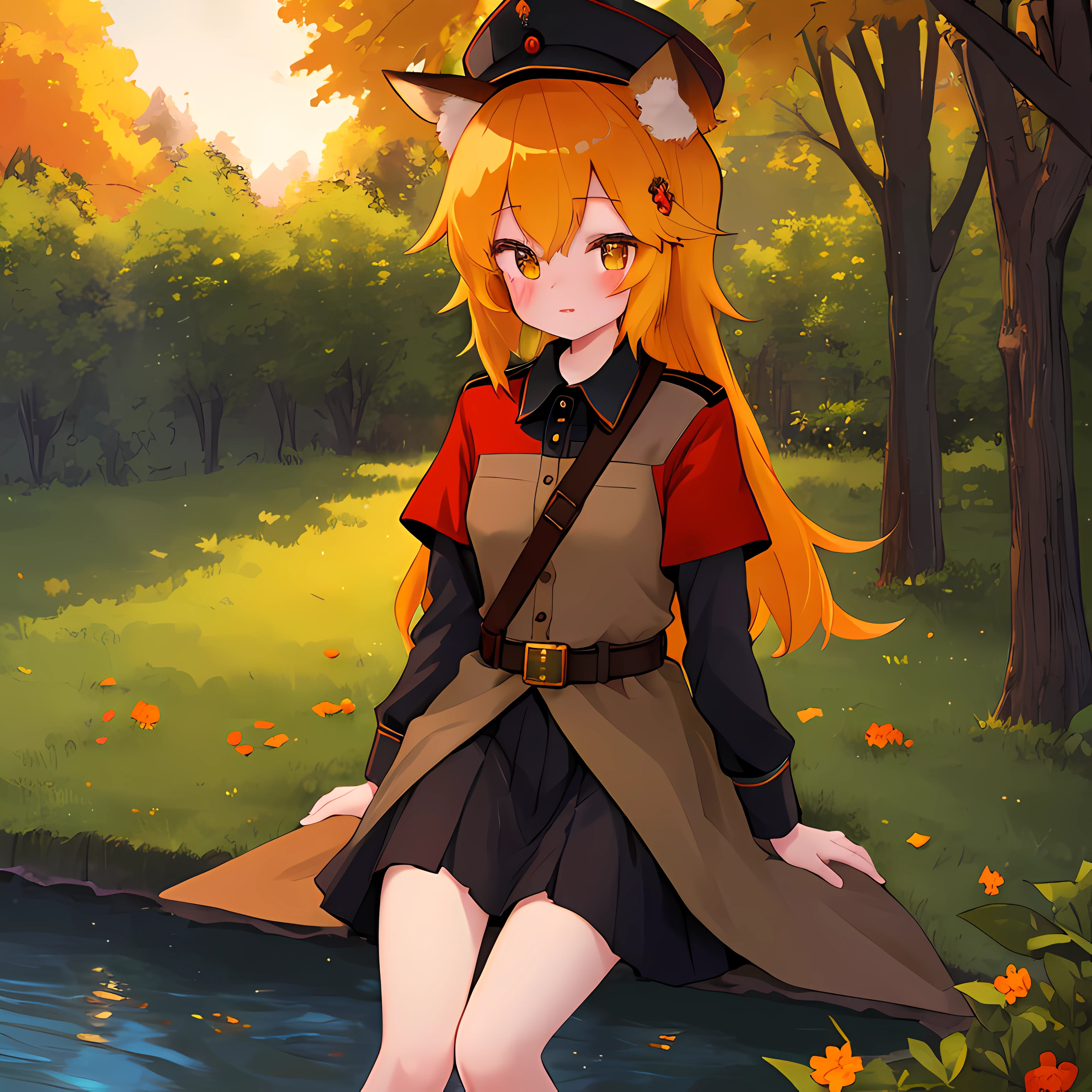 (Best Quality,4k,hight resolution,Masterpiece:1.2),Fox Girl,ear,On the Front Line,single girl,Bushes,the trees, Detailed girl, beatiful face, redhead hair, pretty eyes, very detailed eyes, Beautiful yellow eyes, Almost orange eye color, Very nice girl, The Soviet Form of World War II, Ceremonial uniform of the Soviet Union