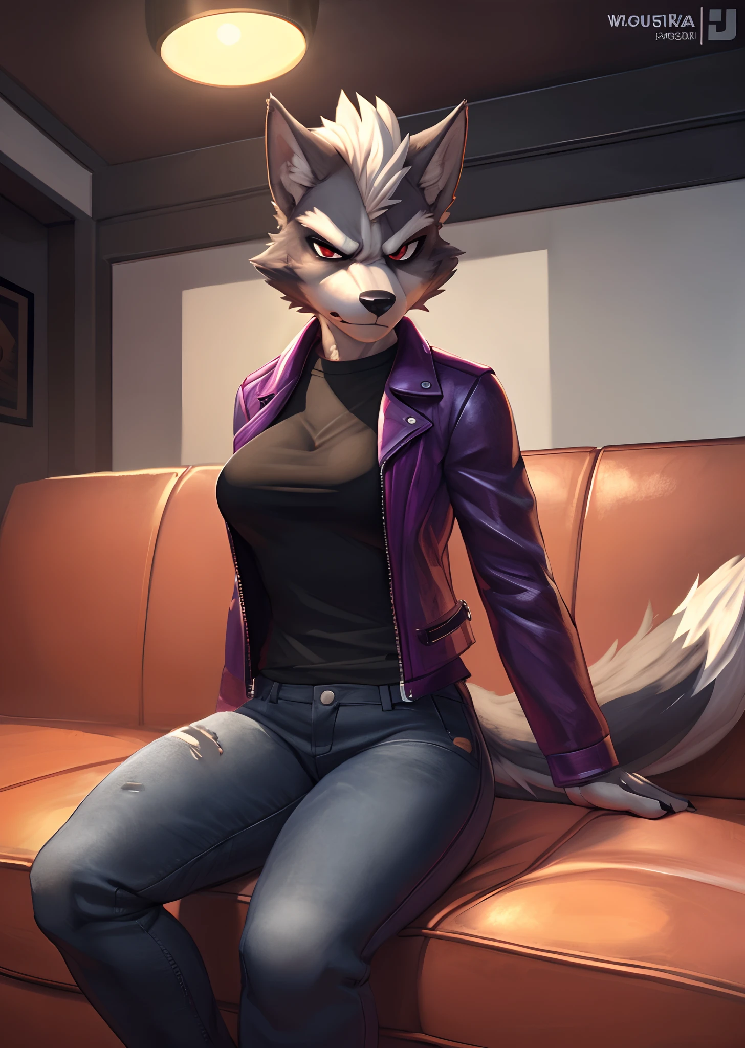 [wolf o'donnell], [Uploaded to e621.net; (Pixelsketcher), (wamudraws), (fluffkevlar)], [uploaded to twitter.com; (@senip)], ((masterpiece)), ((HD)), ((high quality)), ((solo portrait)), ((full body)), ((furry; anthro wolf)), ((detailed fur)), ((detailed shading)), ((beautiful render art)), {anthro; (slim figure), grey fur, black nose, (white mohawk), (cute red eyes), (medium boobs), (gorgeous hips), (beautiful legs), (blushing), (angry), (frown)}, {(purple leather jacket), (black tee shirt), (tight black ripped jeans)}, {(sitting), (arms folded under breasts), (legs spread open), (looking at viewer)}, [background; (living room), (black metal walls), (ceiling lights), (si-fi), (ambient lighting)]