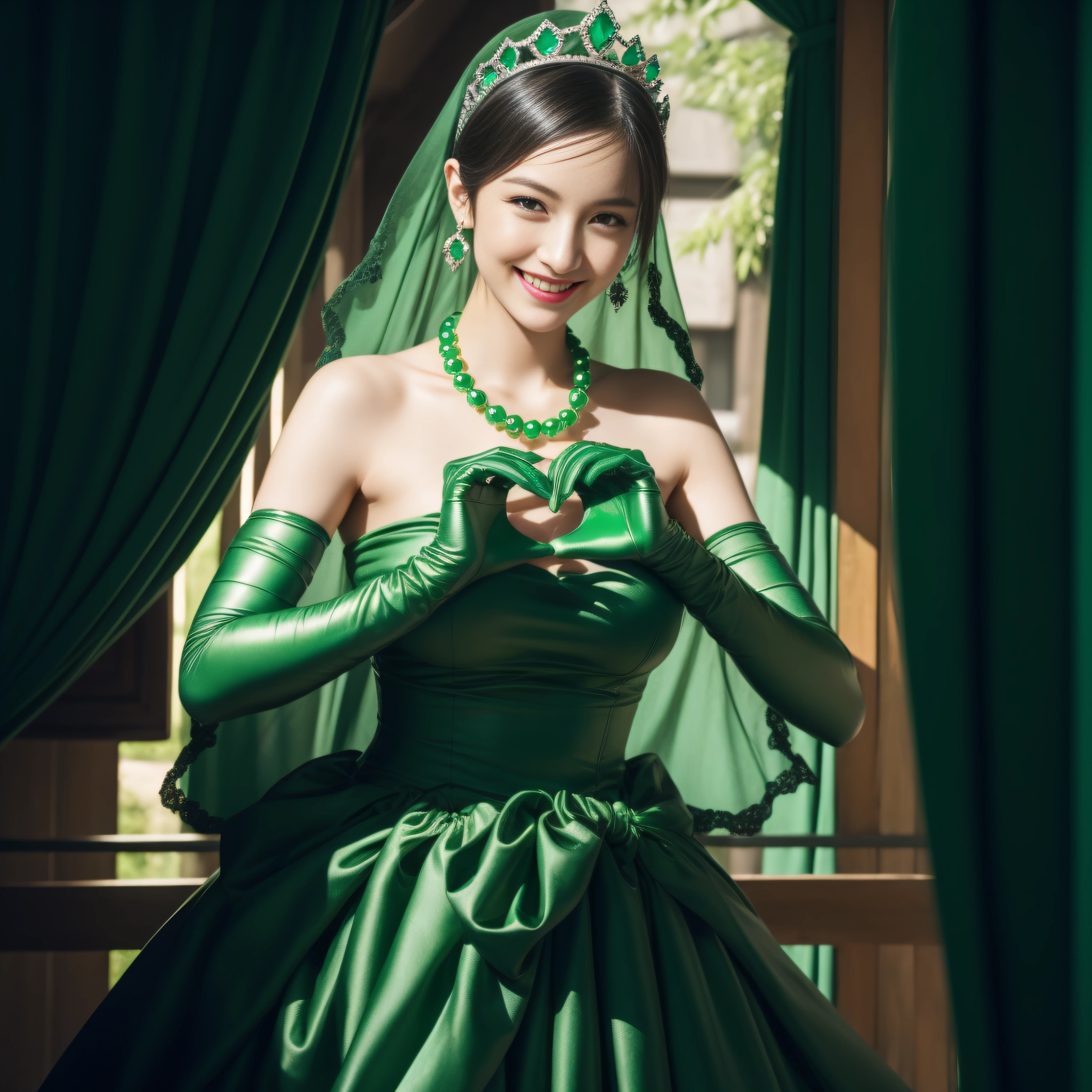 emerald tiara, Green Pearl Necklace, Boyish very short black hair, lipsticks, Japan woman smiling, very short short hair, big breasts beautiful, Green eyes, Long green gloves made of satin material, Green eyes, Emerald Earrings, green vale, Heart with both hands,Black hair