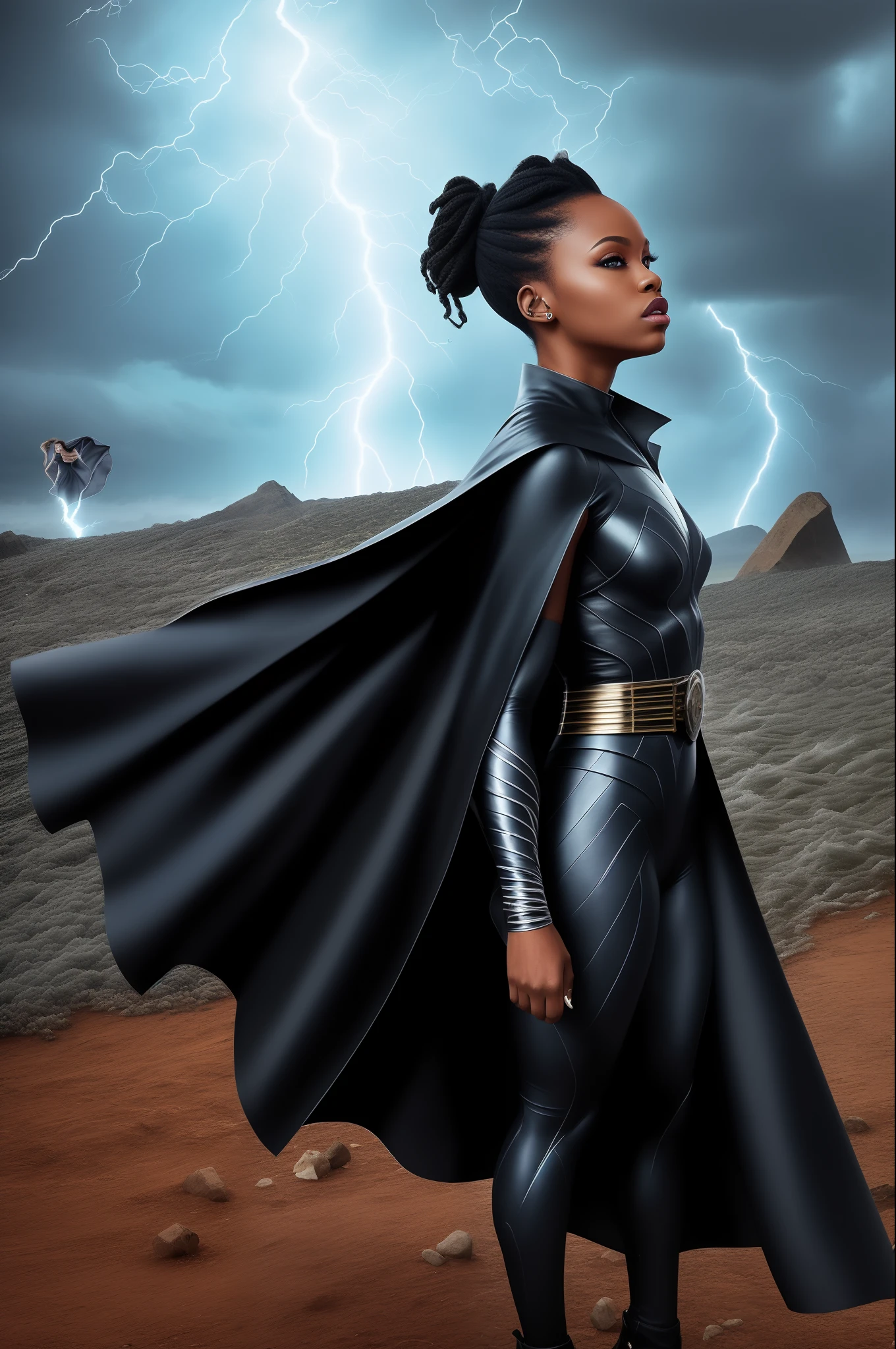 African woman white very long flowing hair blue eyes full length portrait  flying above the stratosphere large lightning bolts hail stones water whirlwinds coming out of both hands storm X-Men black metallic costume flowing cape connected at wrists.