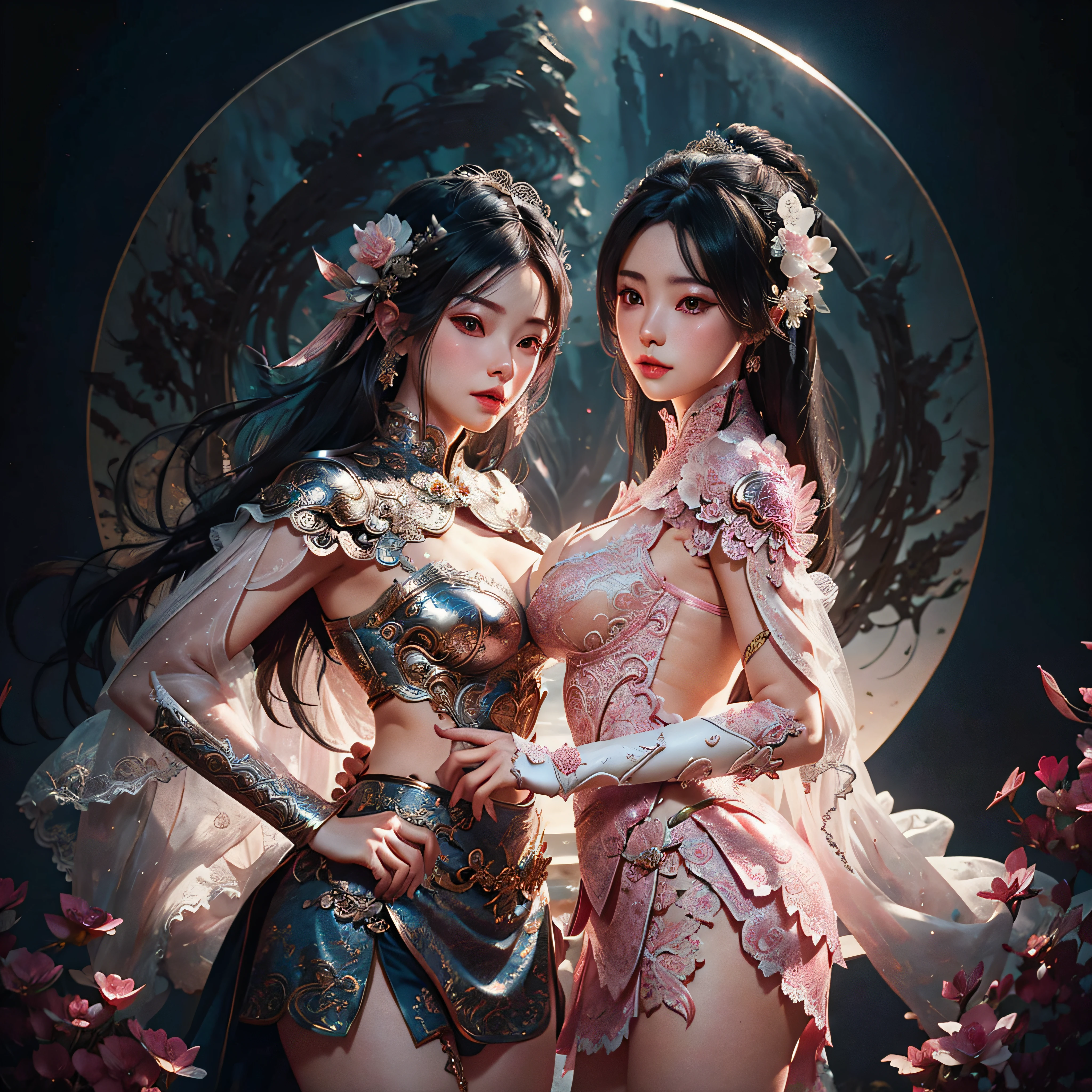 Chinese style ancient warrior, (1 male and 1 female) holding a weapon, (male: 1.2 + female: 1.1), fighting in the shadow of the moon, beautiful and soft night, falling cherry blossoms, blowing in the breeze, gorgeous curly dresses fluttering in the wind. --auto --s2