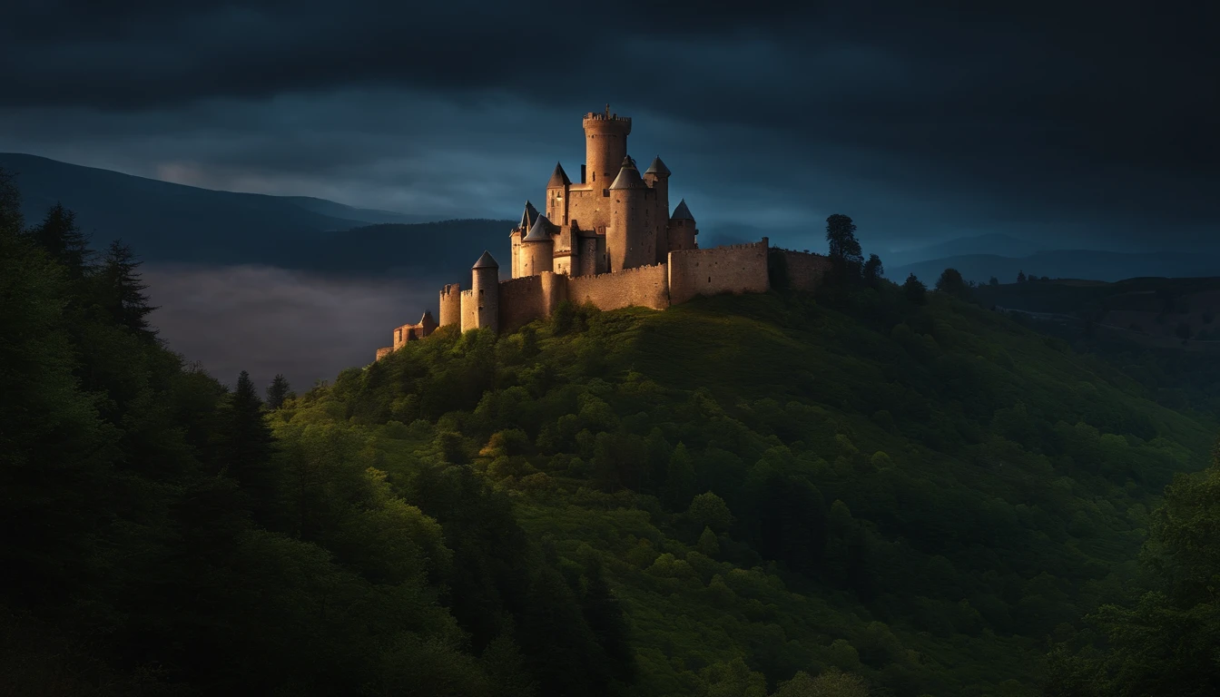 medieval castle on a mountain, dark sky, no clouds