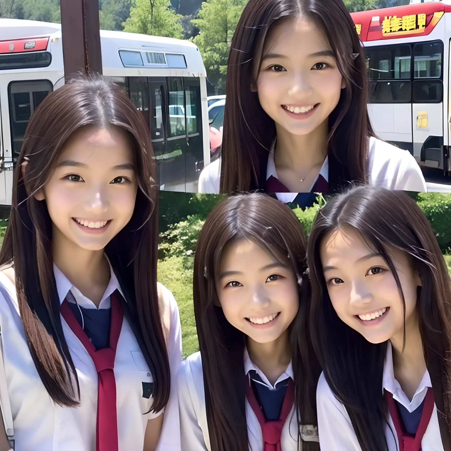 very very kawaii、female high-school student、Forehead out、5 identical people who look exactly the same、校服、bus stop、Looking here、a smile