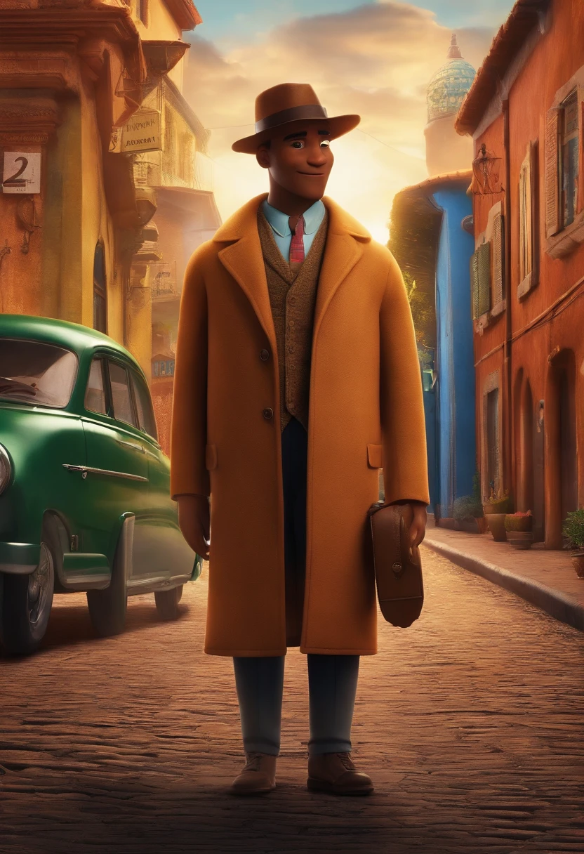 filme Oppenheimer 2023 estilo filmes Pixar, Com nome "Joinville", poster, with credits people by the city street of German character, personagem principal Jovem negro desbravador