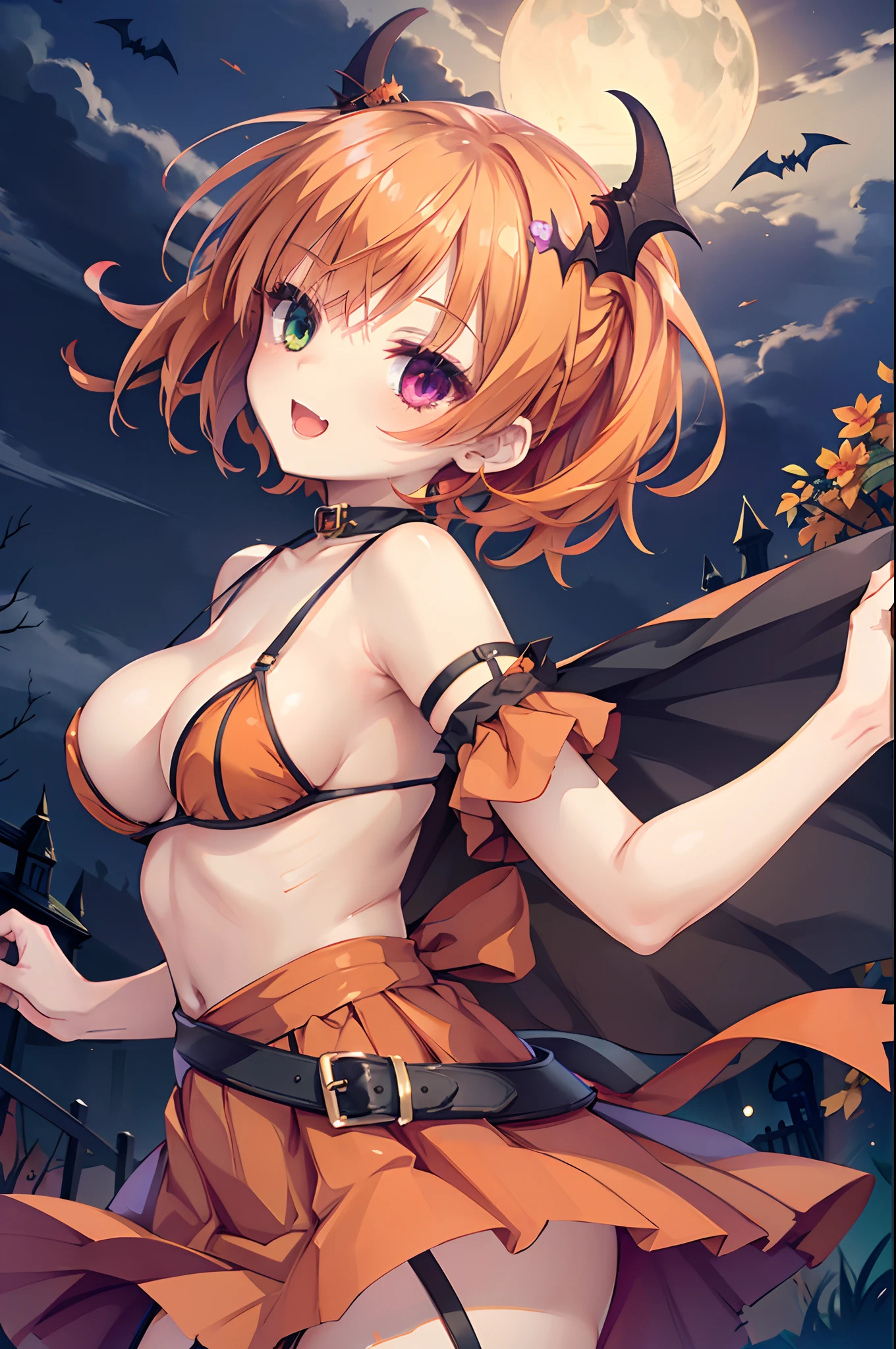 tiny girl,Colossal tits,Vampire,Halloween Costumes,Halloween Backgrounds,garter strap,Smile with open mouth,tusk,Vampire,Orange hair,hair adornments,Heterochromia,Top image quality,Best Quality