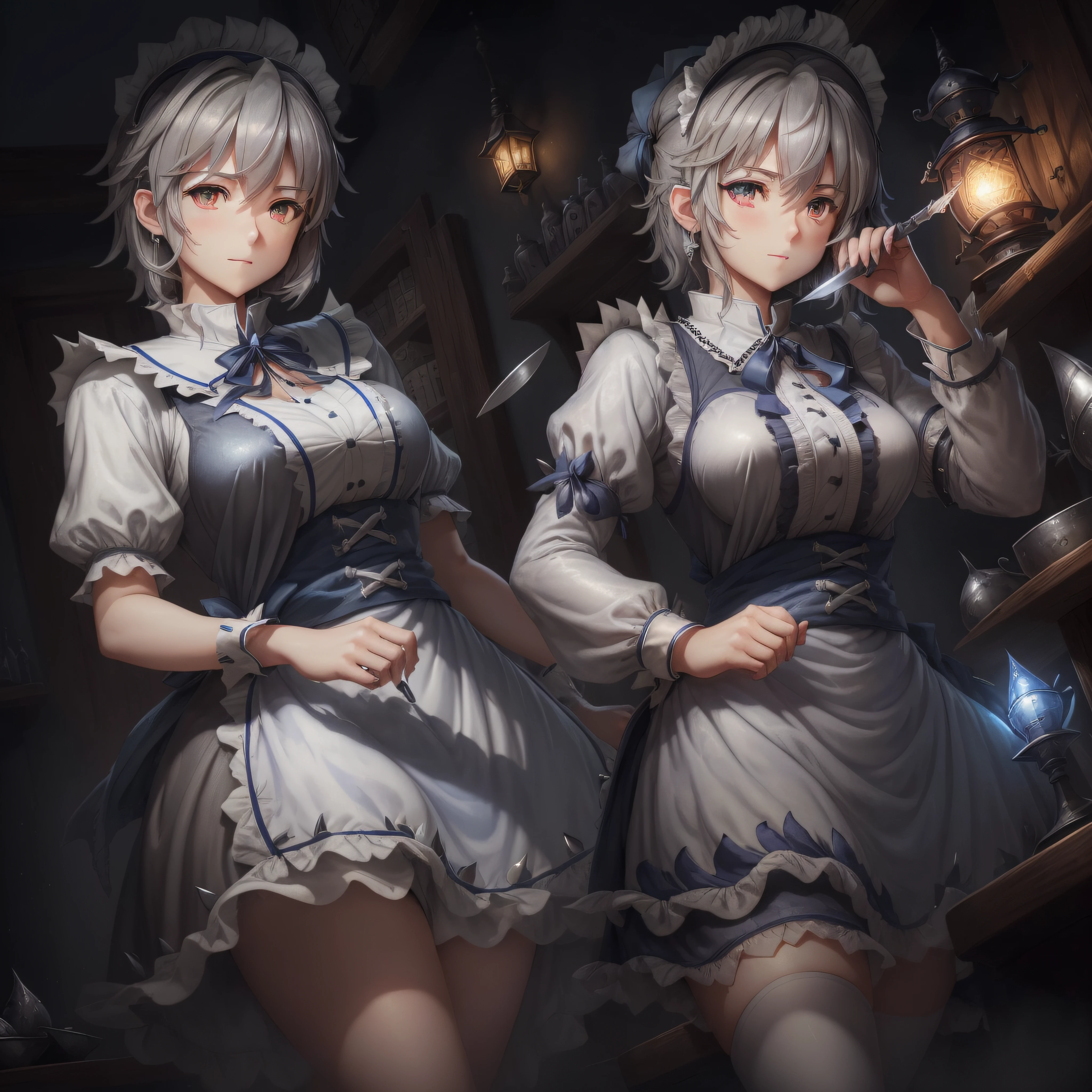 ((16. Knights of Sakitani)), ((Touhou Project)), Cosplay, 20-year-old woman, (((Gray hair)), ((Medium spiky hair)), ((Blue Maid Outfit)), ((White blouse)), midchest, (light)))), (Pose))), (photographrealistic: 1.3), Rim lighting, (High Detail Skin:1.2), 8K UHD, Digital SLR, High quality, High resolution, 4K, 8K, Bokeh, absurdity, Best ratio four fingers and one thumb, (Real:1.3), Cute One Girl, Lots of knives --auto