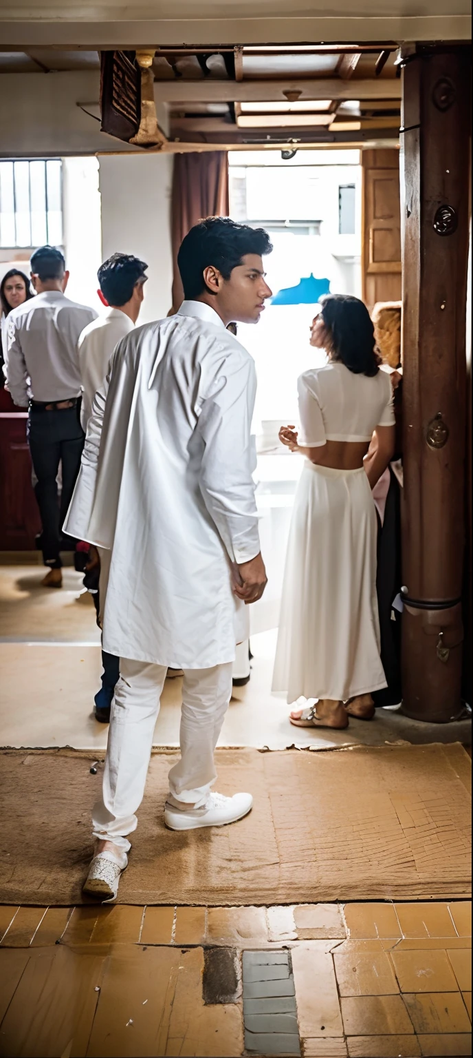 there is a man standing in a room with people standing around, candid picture, very very low quality picture, taken with the best dlsr camera, candid shot, profile pic, candid photo, full body photogenic shot, jayison devadas style, at the party, smooth in _ the background, profile picture, with a cool pose, in white clothes