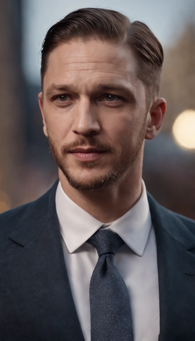 Detailed image of happiness, Tom Hardy smiled with his eyes open ,The look of a big guy in a suit and tie, 8K definition, Photorealistic rendering, Rich colors, using Cinema 4D.