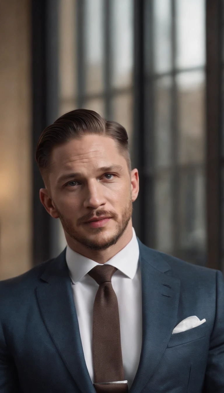 Detailed image of happiness, Tom Hardy smiled with his eyes open ,The look of a big guy in a suit and tie, 8K definition, Photorealistic rendering, Rich colors, using Cinema 4D.