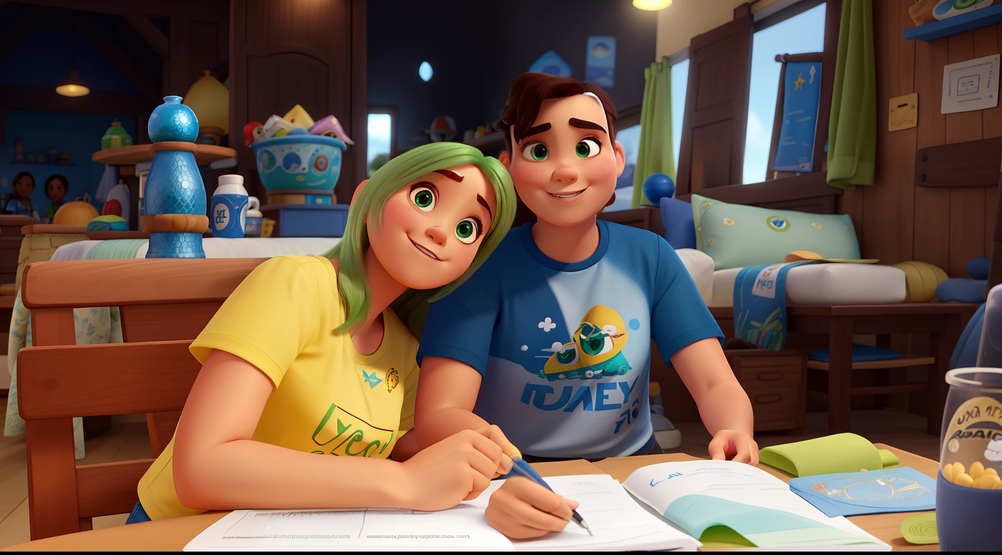 Estilo e Titulo Disney Pixar, melhor qualidade, uma mulher de cabelos compridos loiros e olhos verdes vestindo camisa amarela e um homem de cabelos curtos e olhos castanhos vestindo camiseta azul com estampa de praia.