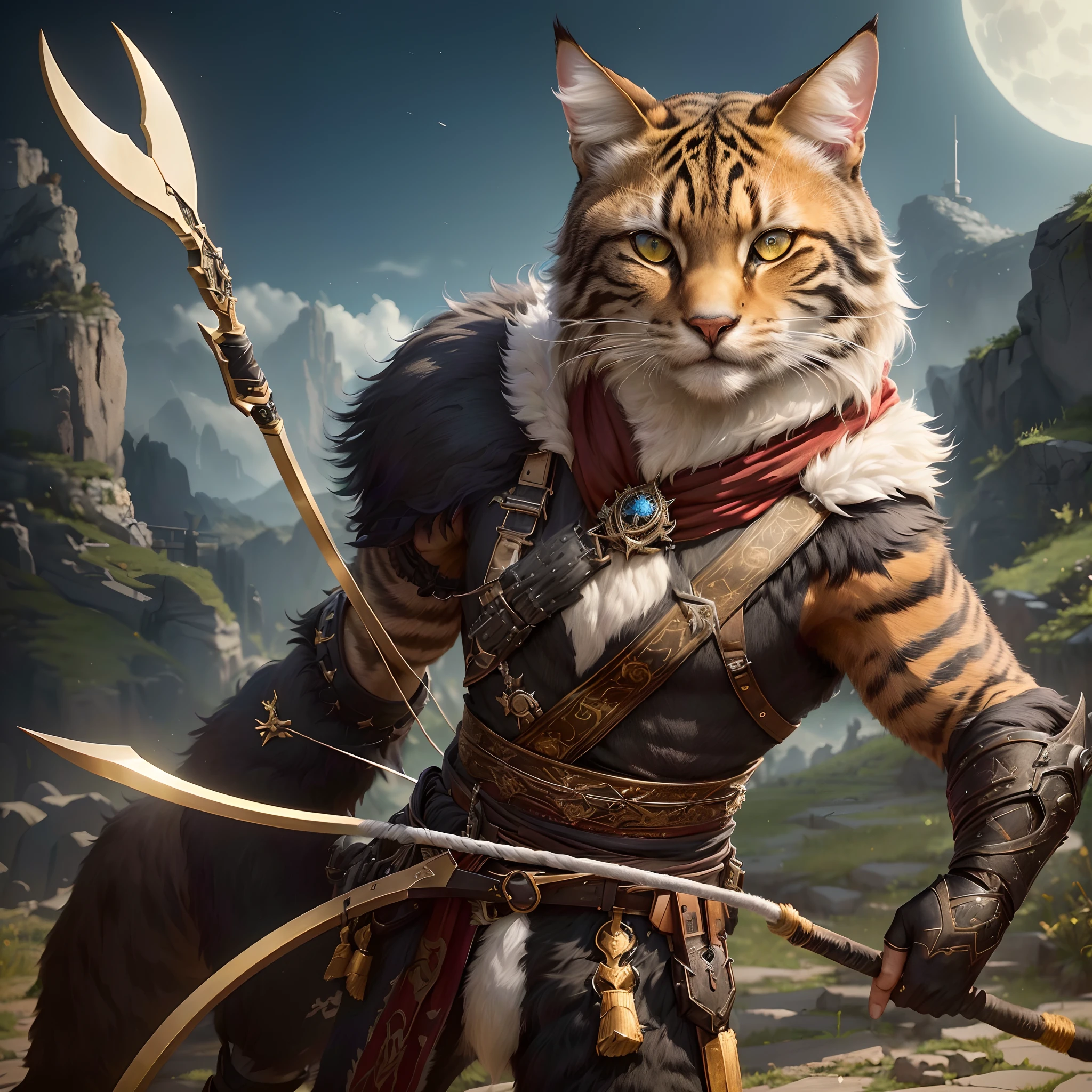 Da ist eine schwarze Katze, die mit Pfeil und Bogen dasteht, Katzen-Krieger, Cat of the Assassins, Auf ArtStation 4K im Trend, Tabaxi Monk, Tabaxi male, anthropomorpher Luchs, Gepanzerte Katze, Anthro Katze, Auf ArtStation HD im Trend, Erstaunliche 8K-Charakter-Konzeptzeichnung, Hochdetaillierte digitale 4K-Kunst schwarzes fell