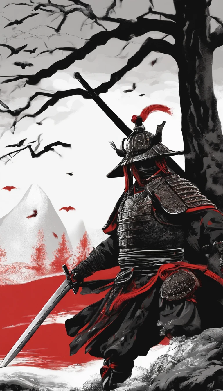 Nur Umrisse: Samurai in dunkler Kleidung, Moonwarrior, Verschleiert, Flug-Komponenten, mit einem leuchtend roten Katana, Nebeneinander, Hintergrund dunkel, Ich. Nur die Umrisse. All black and white except for the red of the sword. The sword is said to appear blood-soaked. Im Design eines Markenlogos. schlicht. Animestyle