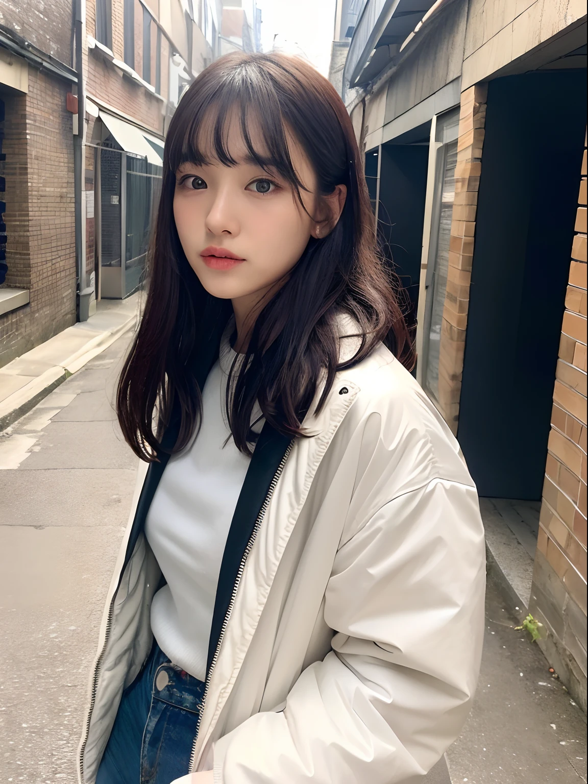 ((top-quality、8K、masterpiece:1.3))、foco nítido:1.2、Beautiful woman with perfect body:1.4、Slimed:1.2、((small tits:1.2)) (Photorealsitic:1.1)、(Manish Shorthair)、(Sateen、a street:1.2)、Wet hair:1.1、Highly detailed facial and skin texture、 A detailed eye、二重まぶた、Transparent white skin、Cold winter clothes、Light bangs、Brightly colored outerwear、Oversized clothes、Back alley background、Autumn-Winter Fashion