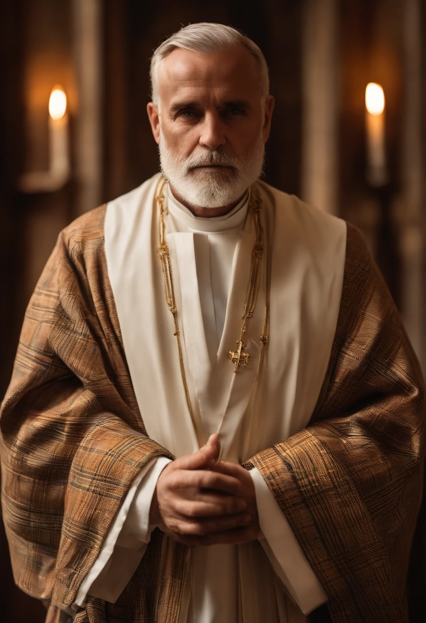 Man in priest's robes standing with his hands folded, vestes religiosas, usando cruz no manto, Solis Sacerdotibus |, vestes branco-douradas, vestes douradas e brancas, vestindo vestes douradas, dressed like a cleric, Kacper Niepokolczycki, paramentos tartan, Roupões Brocade, Nicolau Weltyk