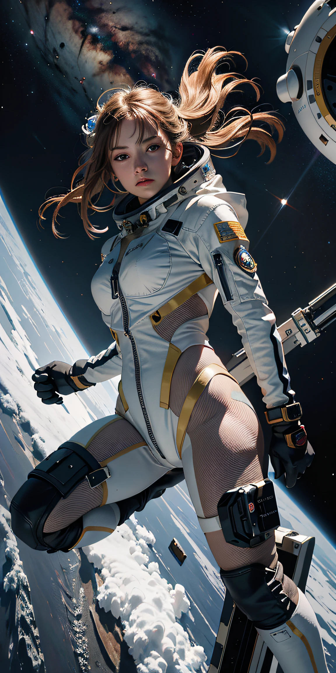 ((best quality)), highres, (detailed:1.4), ((masterpiece)), a full body portrait of a beautiful astronaut woman, solo, wearing a white space suit, wearing an astronaut helmet, standing, indoors, (in a spaceship), futuristic, (ulzzang-6500:1.0), beautiful detailed face, highly detailed eyes, sci-fi, LED lights, cinematic lighting, deep shadows, ray tracing, light reflections, 8k
