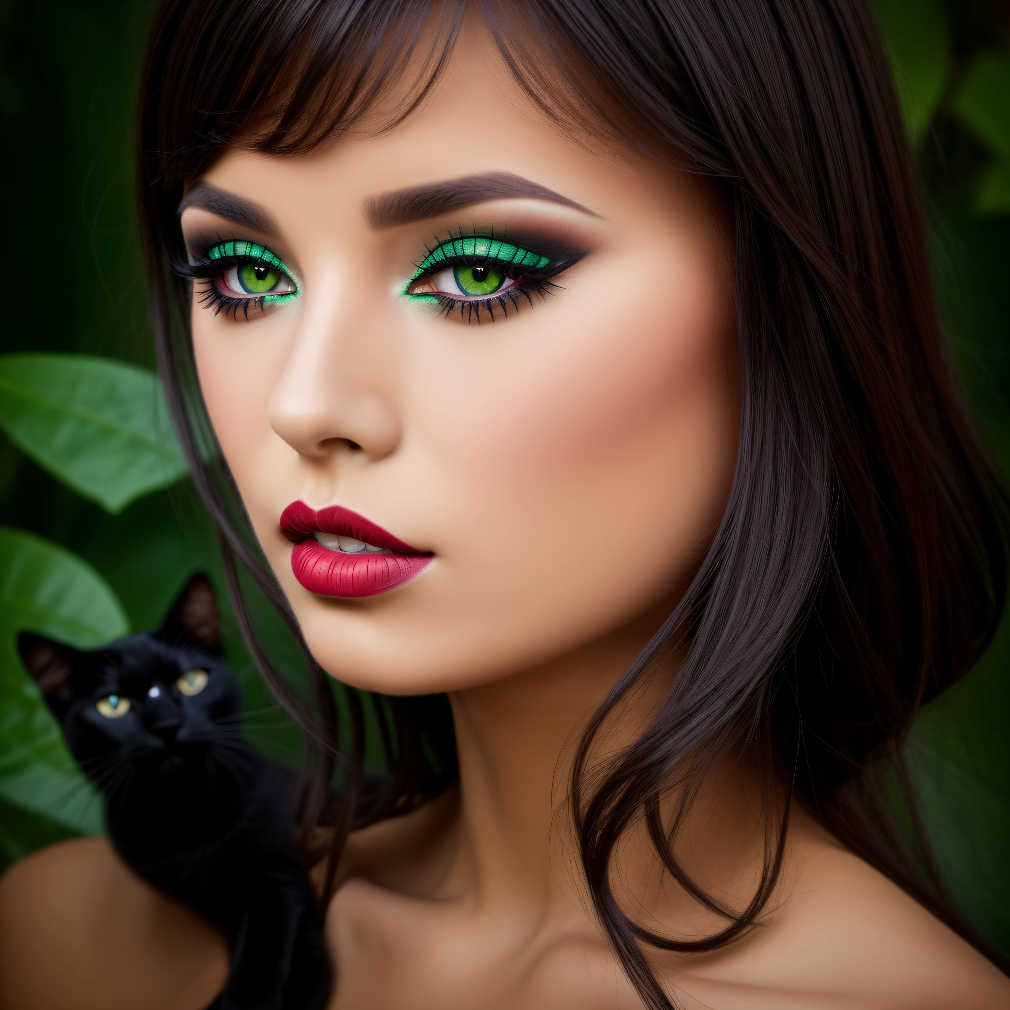 8K, Solo, Beautiful Girl, Black cat, makeup, blush, lip stick, Red lips, Portrait, Realistic, Green eyes, Looking at Viewer, Painting, butterflys, --auto