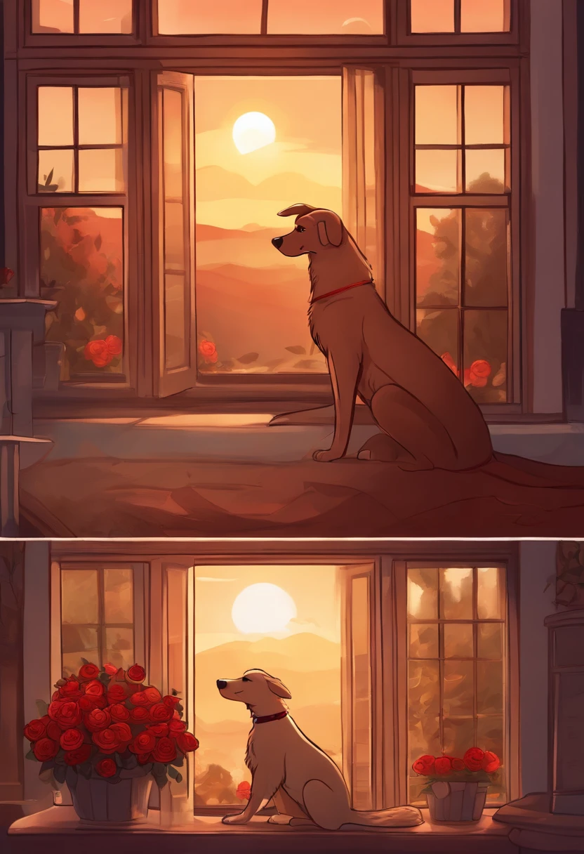 Two cute, gay, cartoony, male, anthropomorphic dog furries, looking at eachother in a dimly lit room, both a bit muscular, both blushing, and one smiling, his eyes looking at the other's calmly. some light shining through a window showing a sunset and a medow of red roses [furry] [cartoony] [wholesome]