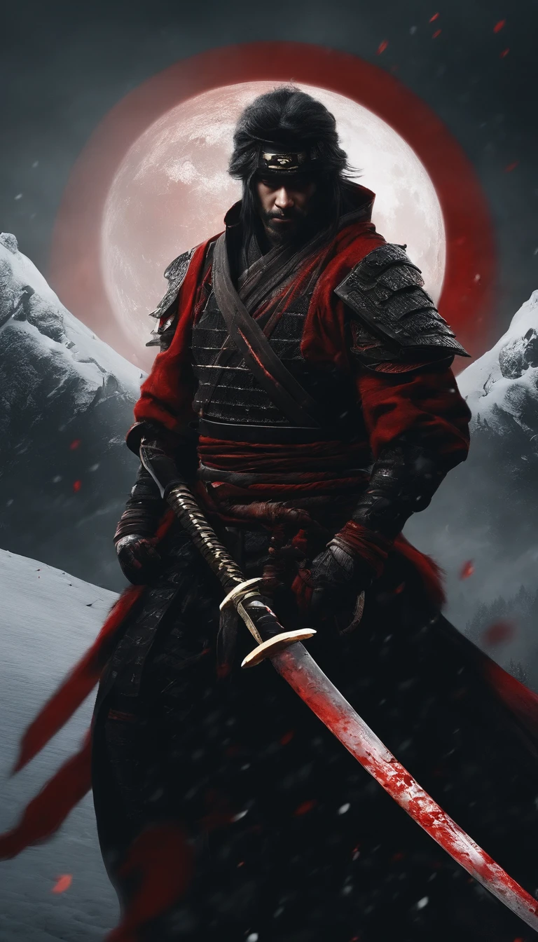 Nur Umrisse: Samurai in dunkler Kleidung, Moonwarrior, Verschleiert, Flug-Komponenten, mit einem leuchtend roten Katana, Nebeneinander, Hintergrund dunkel, Snow, Blood, Ich. Nur die Umrisse. All black and white except for the red of the sword. The sword is said to appear blood-soaked. Im Design eines Markenlogos. schlicht. Animestyle