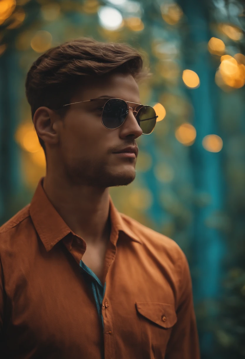 Figura masculina, Adolescente, jovem de pele branca, usando capa azul nas costas, vestindo camisa social branca e gravata, standing on her feet, segurando pasta de couro, olhos azuis, oculos redondos no rosto, cabelos castanhos, rosto sem barba, fundo da imagem com floresta