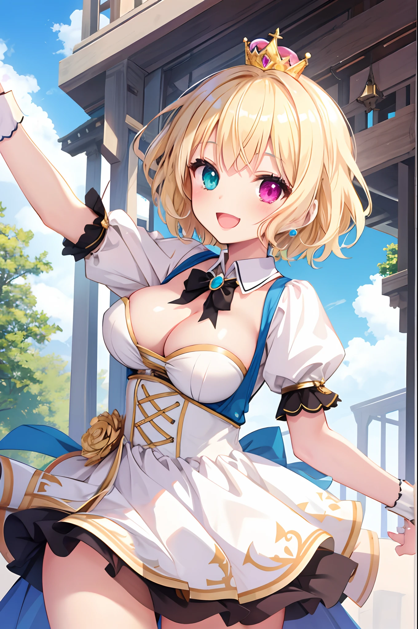 **** girl,Colossal tits,Smile with open mouth,short blonde hair,Princess Costume,Princess,Heterochromia,Top image quality,Best Quality