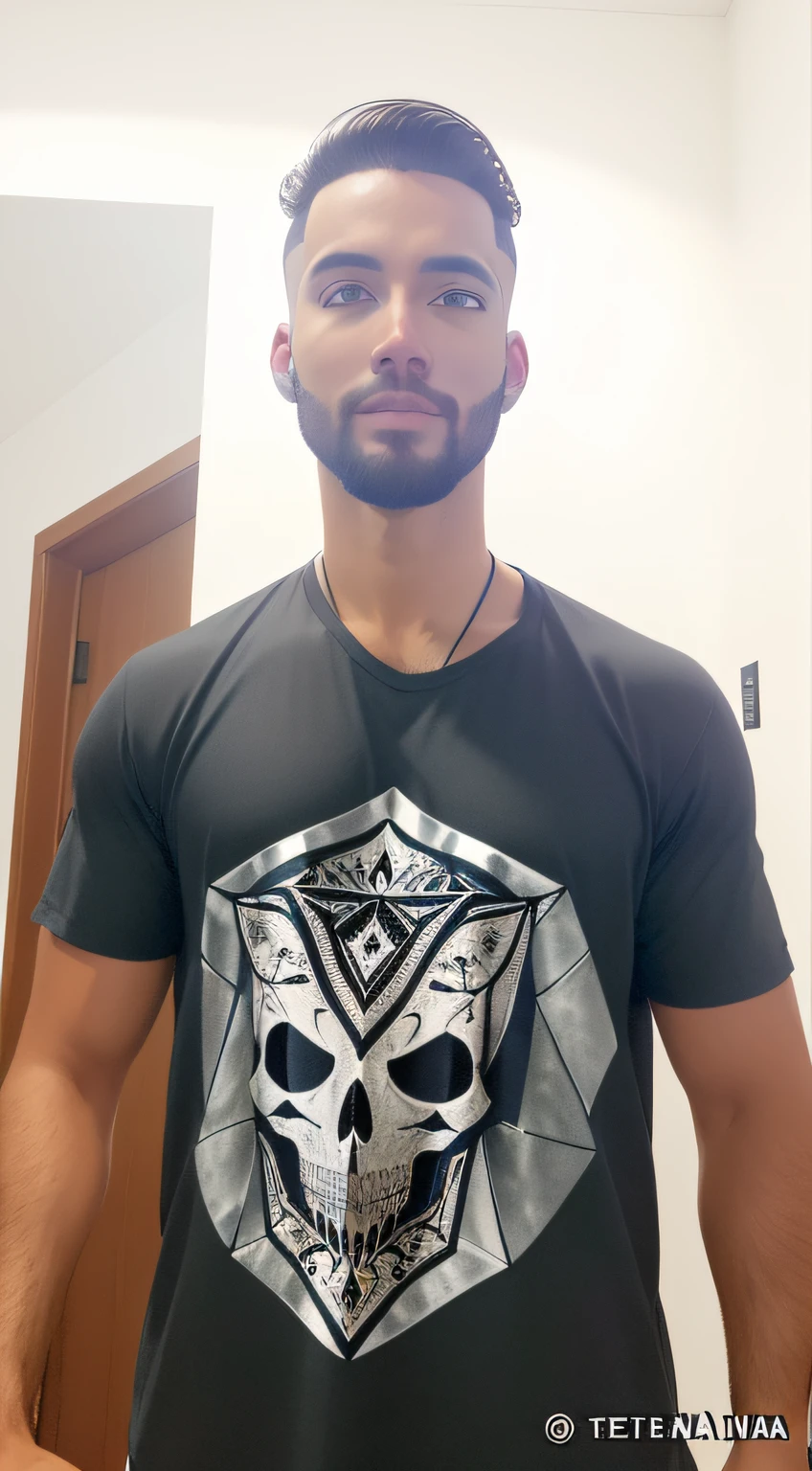 Homem de camisa preta com caveira, usando roupas netrunner, imagem frontal, esoteric clothes, master part, melhor qualidade, (fotorrealista:1.4), 8k, Foto RAW, Ultra Highres, olhos e rosto extremamente detalhados, extremamente detalhado, absurdos, profissional, peitos grandw, Olhando para o Viewer, moda, ao ar livre, anime, cabelo liso, olhos iguais e redondos