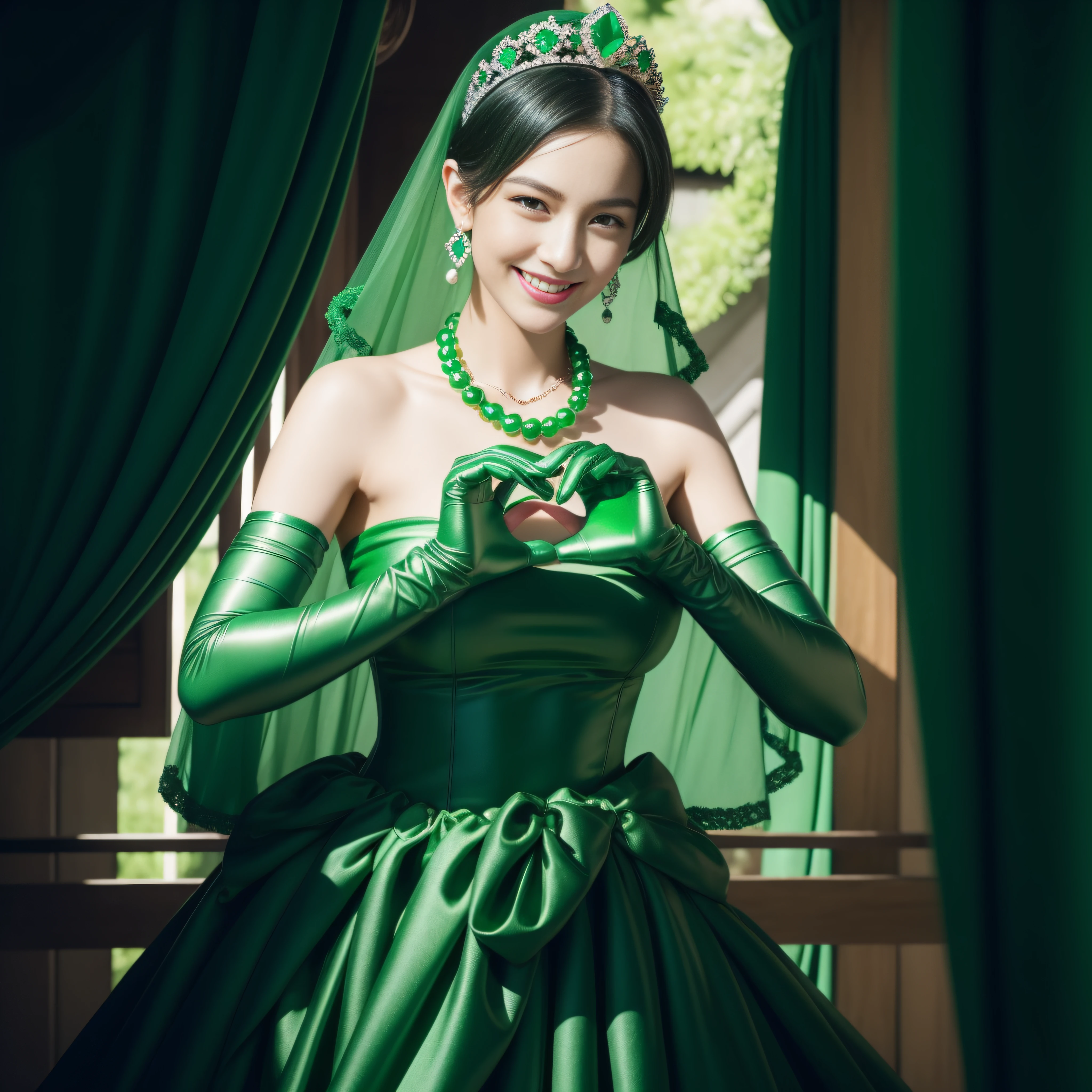 emerald tiara, Green Pearl Necklace, Boyish very short black hair, lipsticks, Japan woman smiling, very short short hair,   beautiful, Green eyes, Long green gloves made of satin material, Green eyes, Emerald Earrings, green vale, Heart with both hands,Black hair