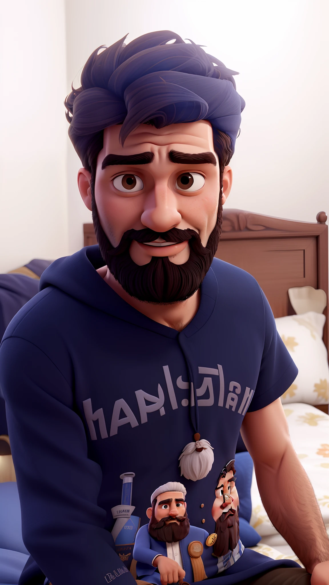 there is a man with a beard sitting on a bed, Homem de 30 anos, imagem de qualidade alta , an afghan male type, imagem de perfil,